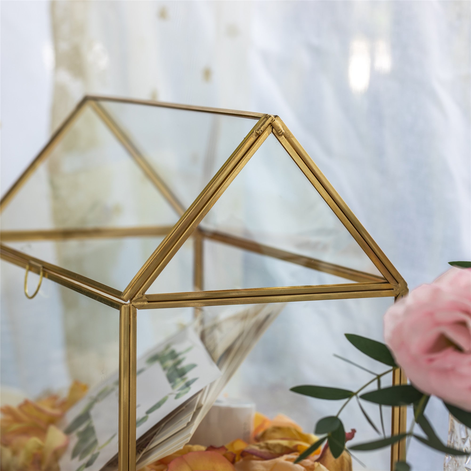 Geometric Glass Card Box Terrarium Rose Gold Handmade Pure Copper House Shape for Wedding Receiption - NCYPgarden