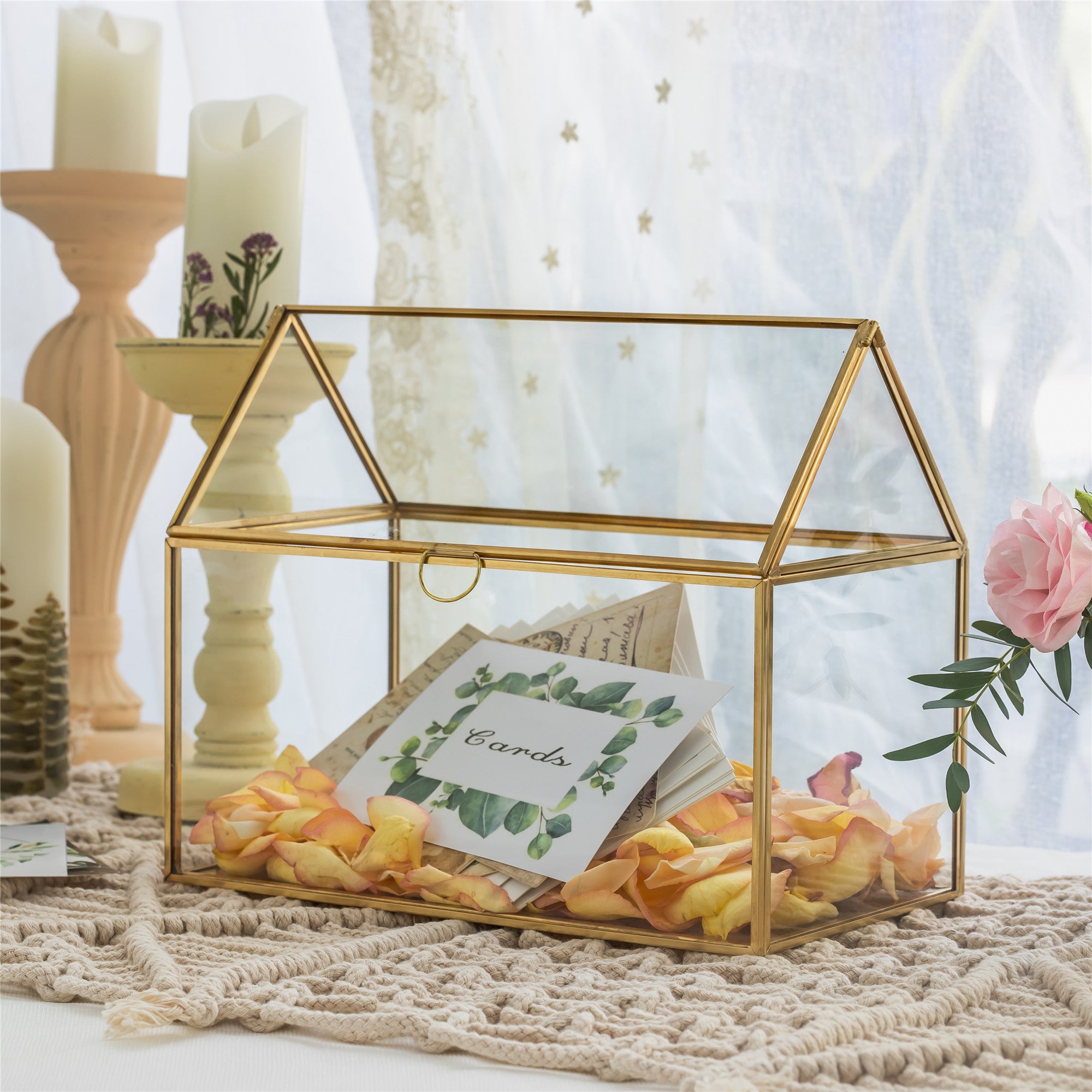 Geometric Glass Card Box Terrarium Rose Gold Handmade Pure Copper House Shape for Wedding Receiption - NCYPgarden