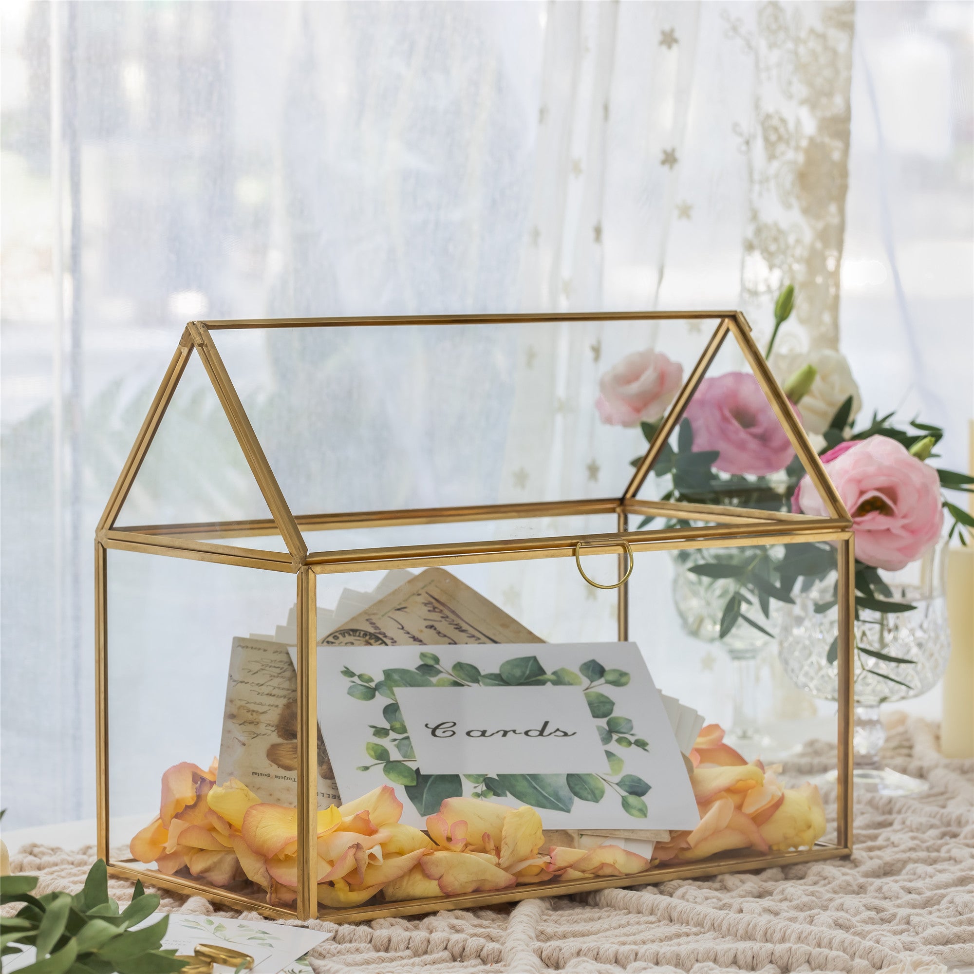 Geometric Glass Card Box Terrarium Rose Gold Handmade Pure Copper House Shape for Wedding Receiption - NCYPgarden