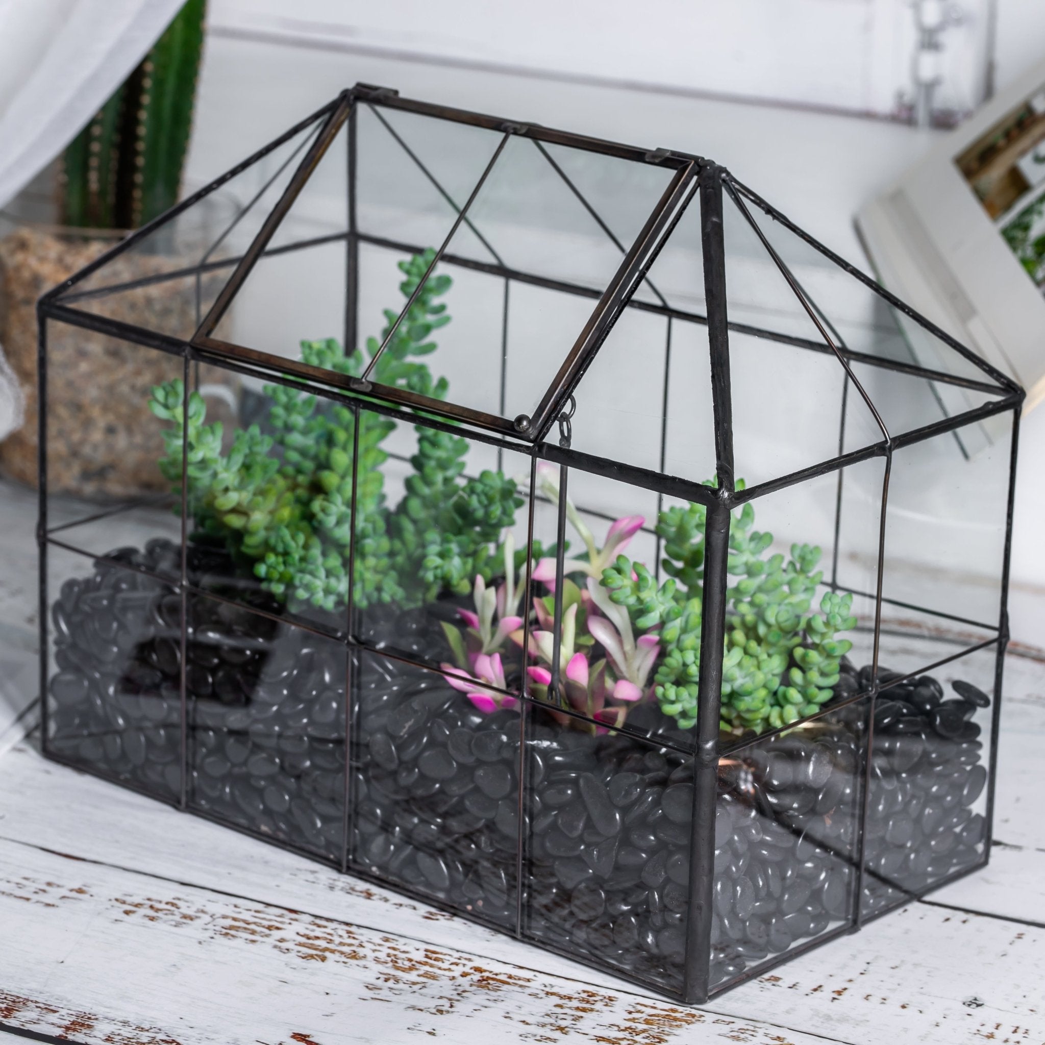 NCYP Glass Geometric Terrarium Tin - Sealed Brass Black House Shape Container with Grid and Swing Lid PH02F2 - NCYPgarden
