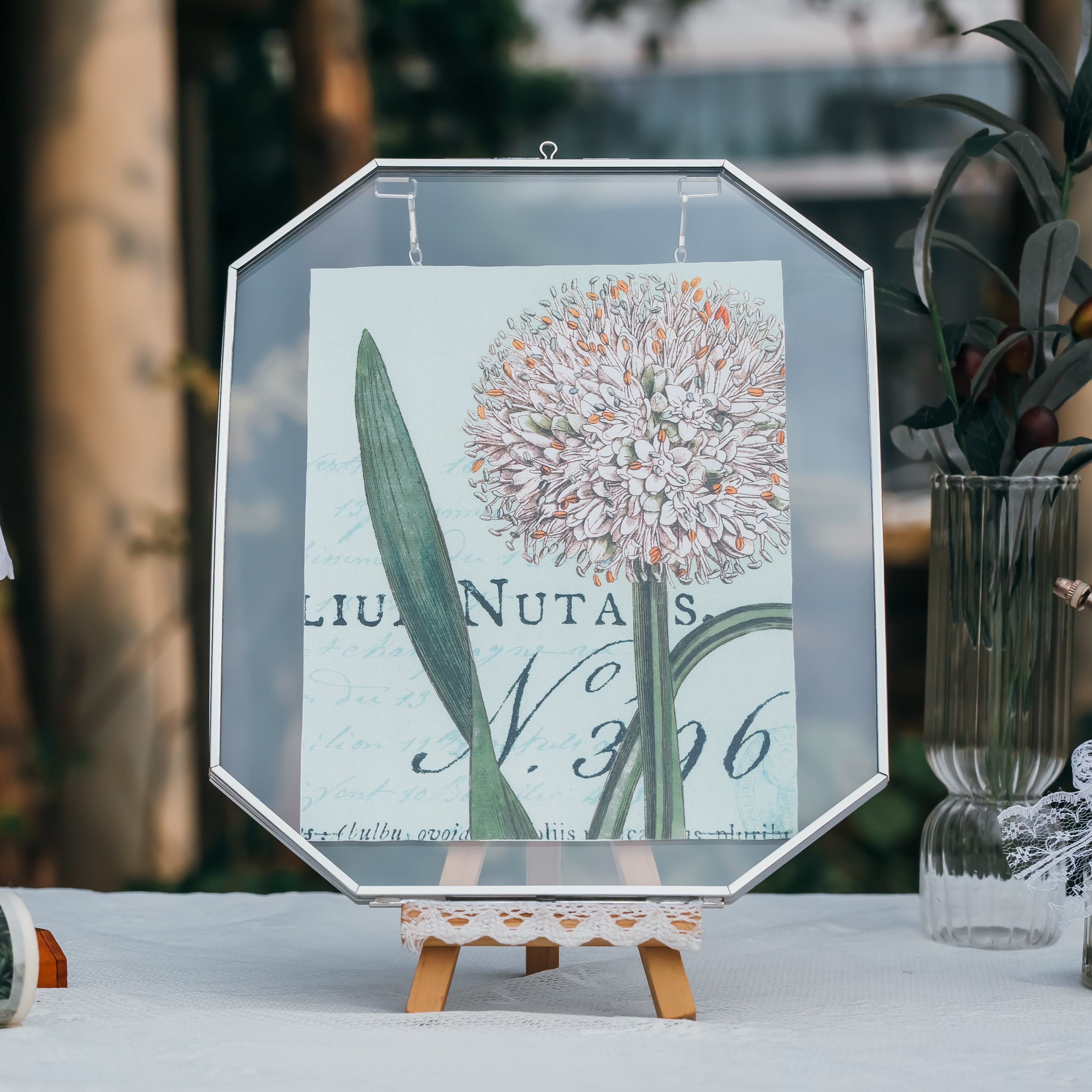 Wall Hanging Silver Long Octagon Herbarium Glass Frame for Pressed Flowers, Dried Flowers, Poster, Double Glass, floating Frame 8x10" - NCYPgarden