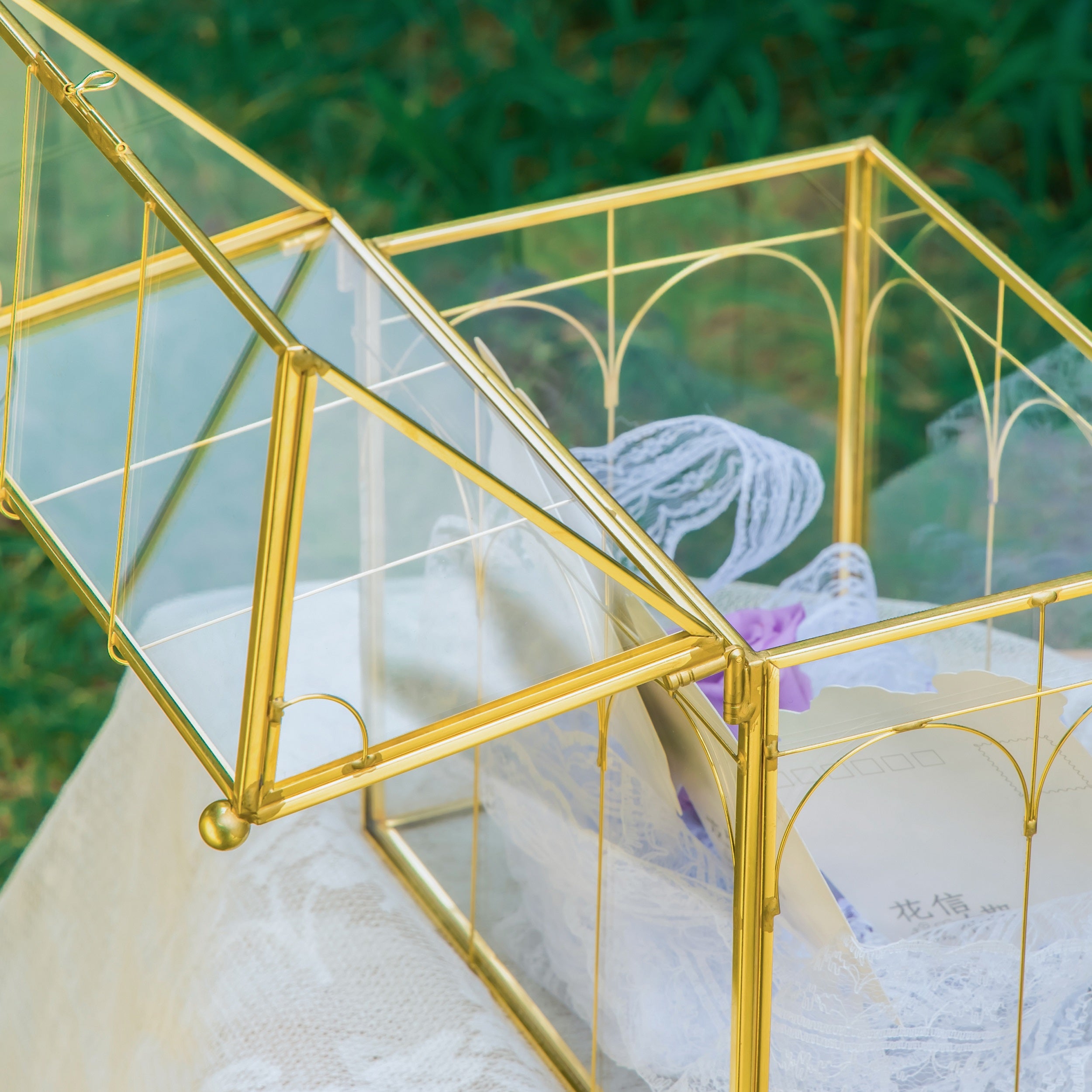 Vintage House Glass Geometric Terrarium Card Box Gold for wedding, graduation, baby shower - NCYPgarden