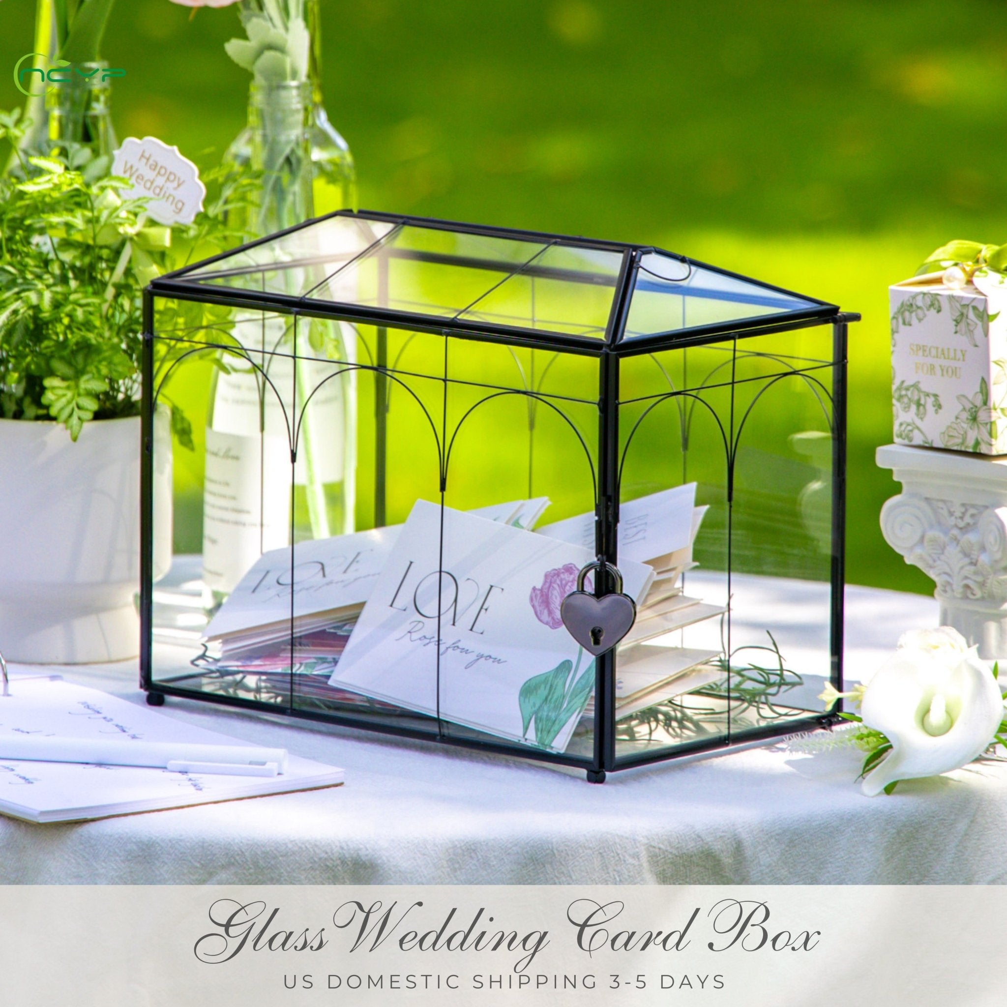 10.2" Handmade Black Wedding Card Box with Slot and Lock, Size Small, for Reception BG02L2 - NCYPgarden