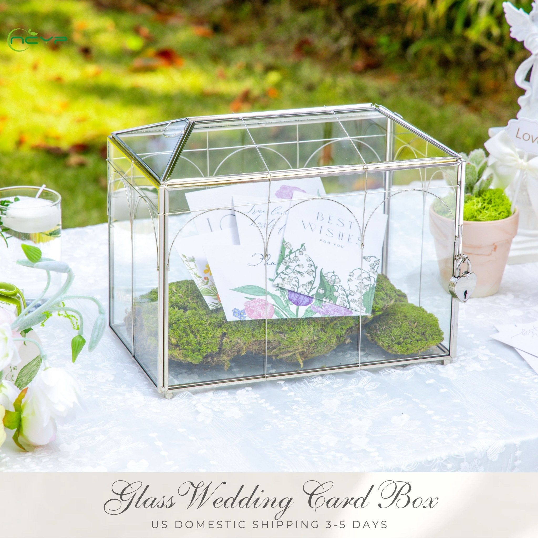 Vintage Silver Small Geometric Glass Card Box Terrarium with Heart Lock, Foot, Handmade Brass for Wedding Reception Wishwell Keepsake BG03L2 - NCYPgarden