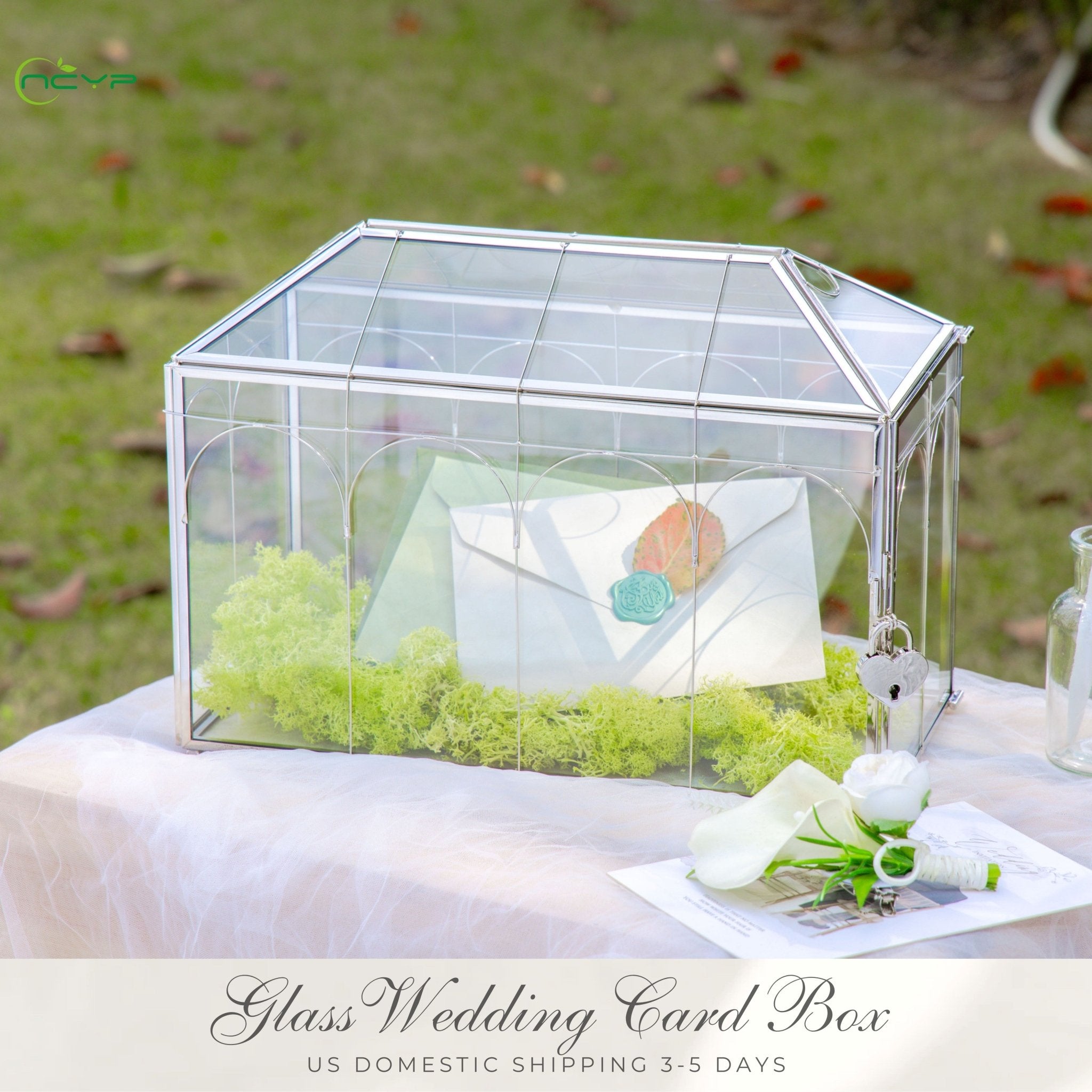 Vintage Silver Large Geometric Glass Card Box Terrarium with Heart Lock, Foot, Handmade Brass for Wedding Reception Wishwell Keepsake BG03L3 - NCYPgarden