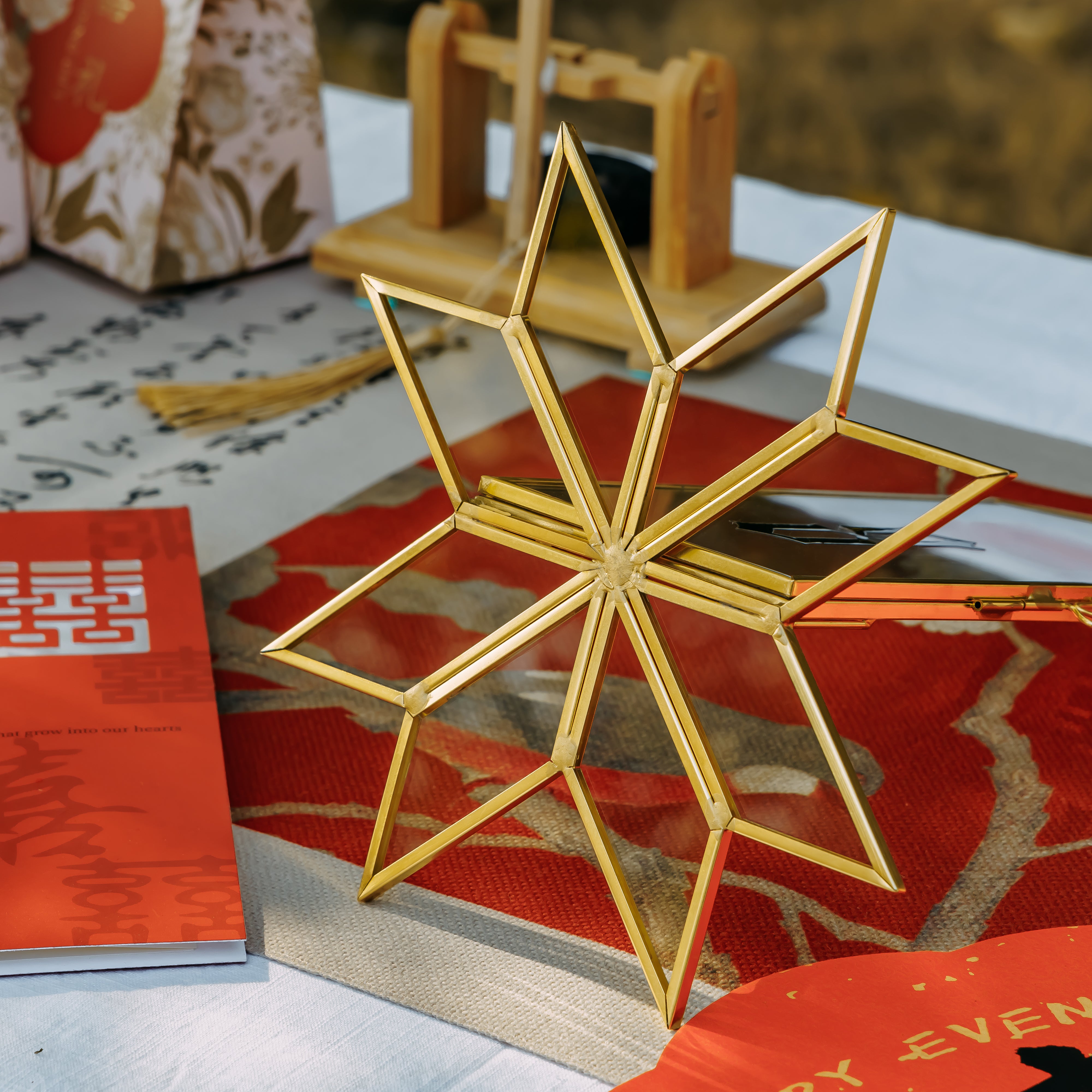 Geometric Gardenia Garden Gold Glass and Brass Wedding Table Number Holder, pressed flower frame - NCYPgarden