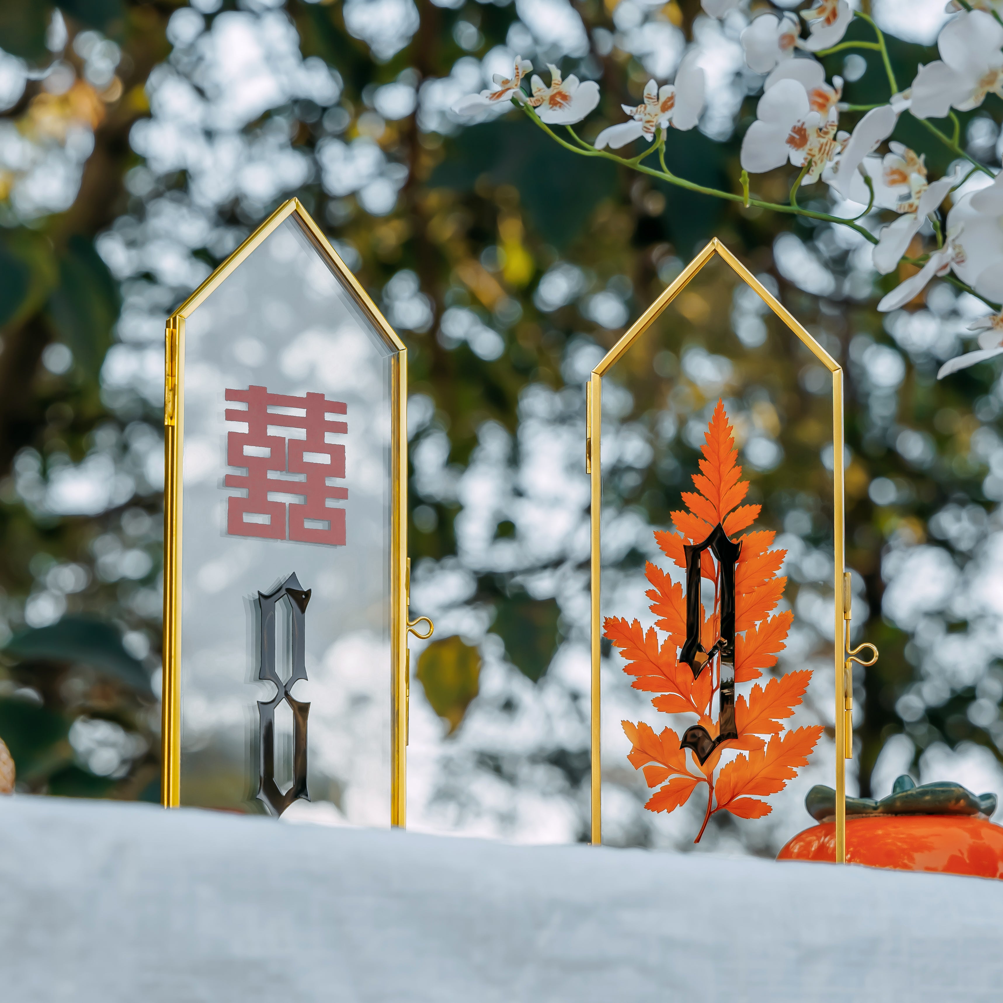 Geometric Gardenia Garden Gold Glass and Brass Wedding Table Number Holder, pressed flower frame - NCYPgarden