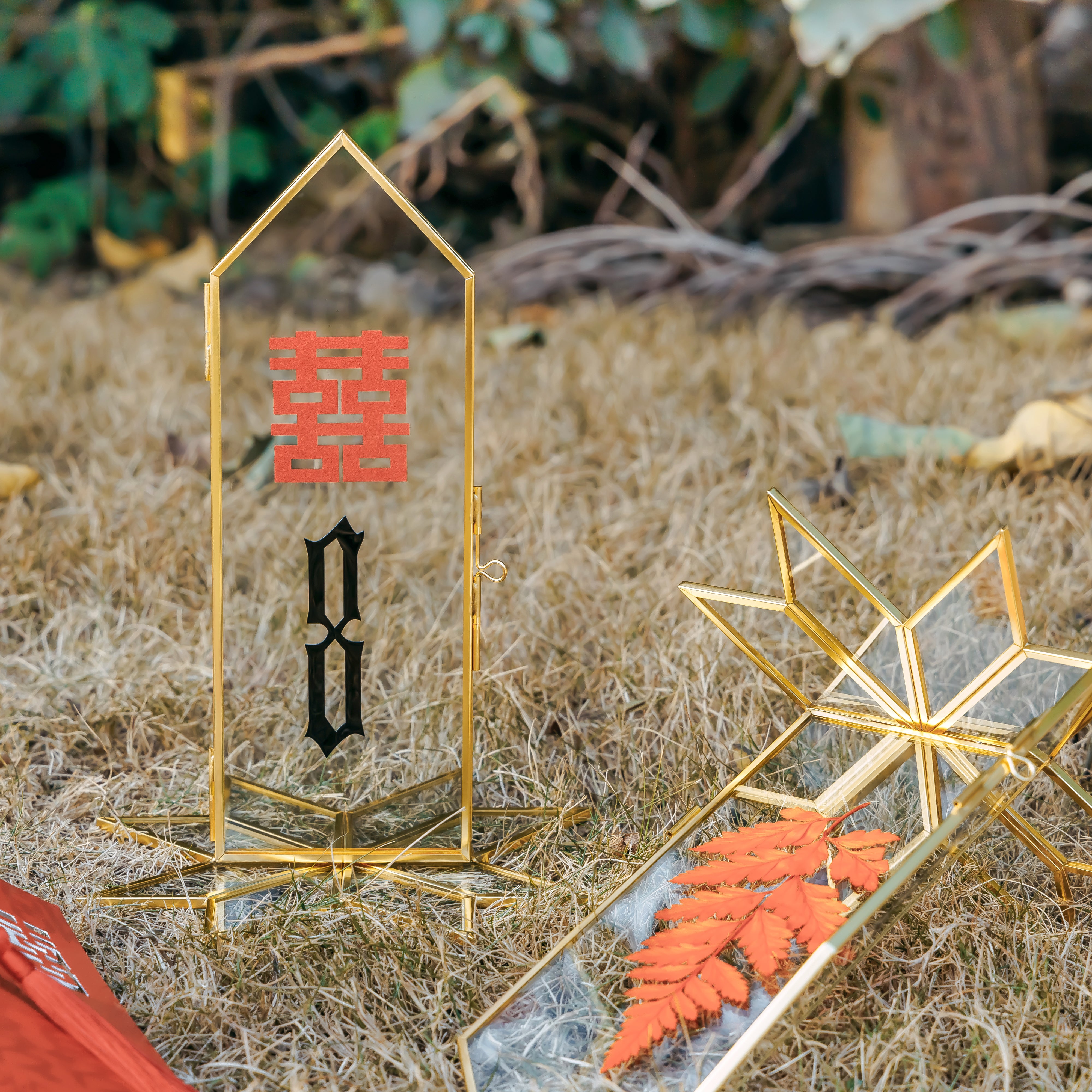 Geometric Gardenia Garden Gold Glass and Brass Wedding Table Number Holder, pressed flower frame - NCYPgarden