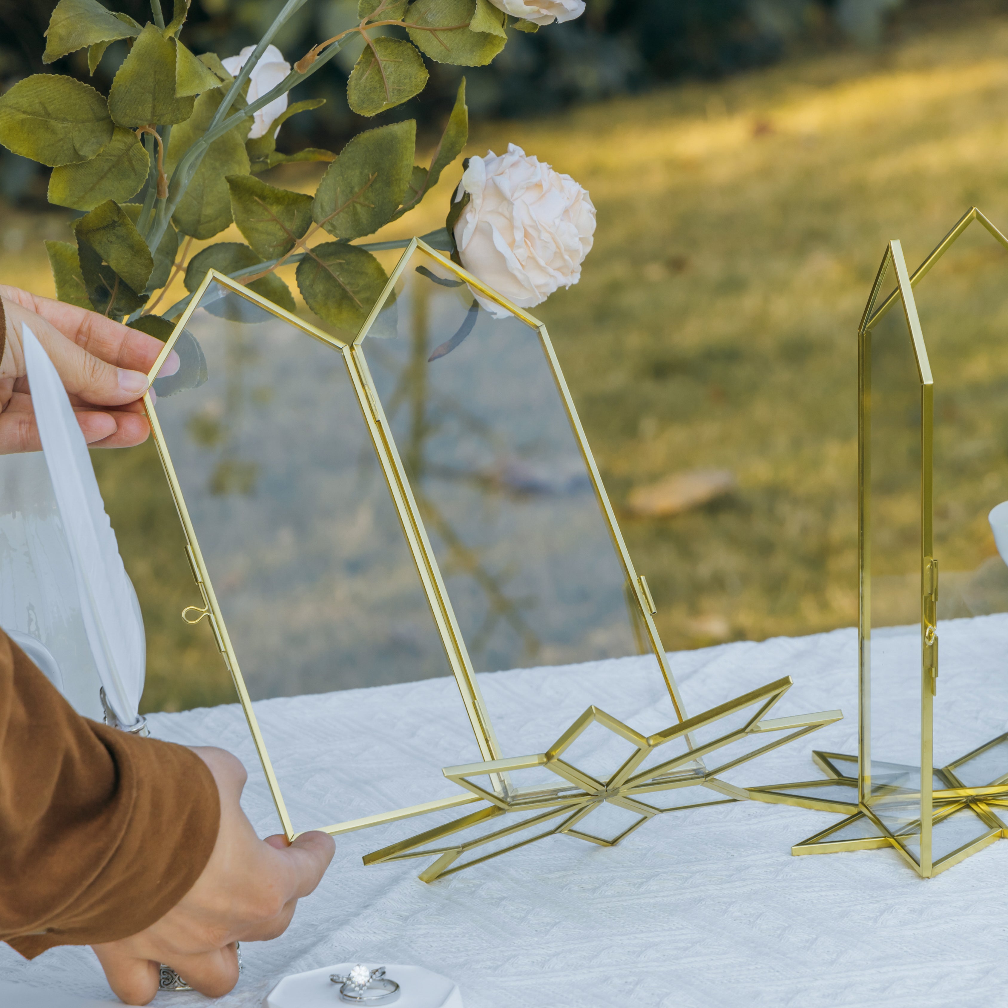 Geometric Gardenia Garden Gold Glass and Brass Wedding Table Number Holder, pressed flower frame - NCYPgarden