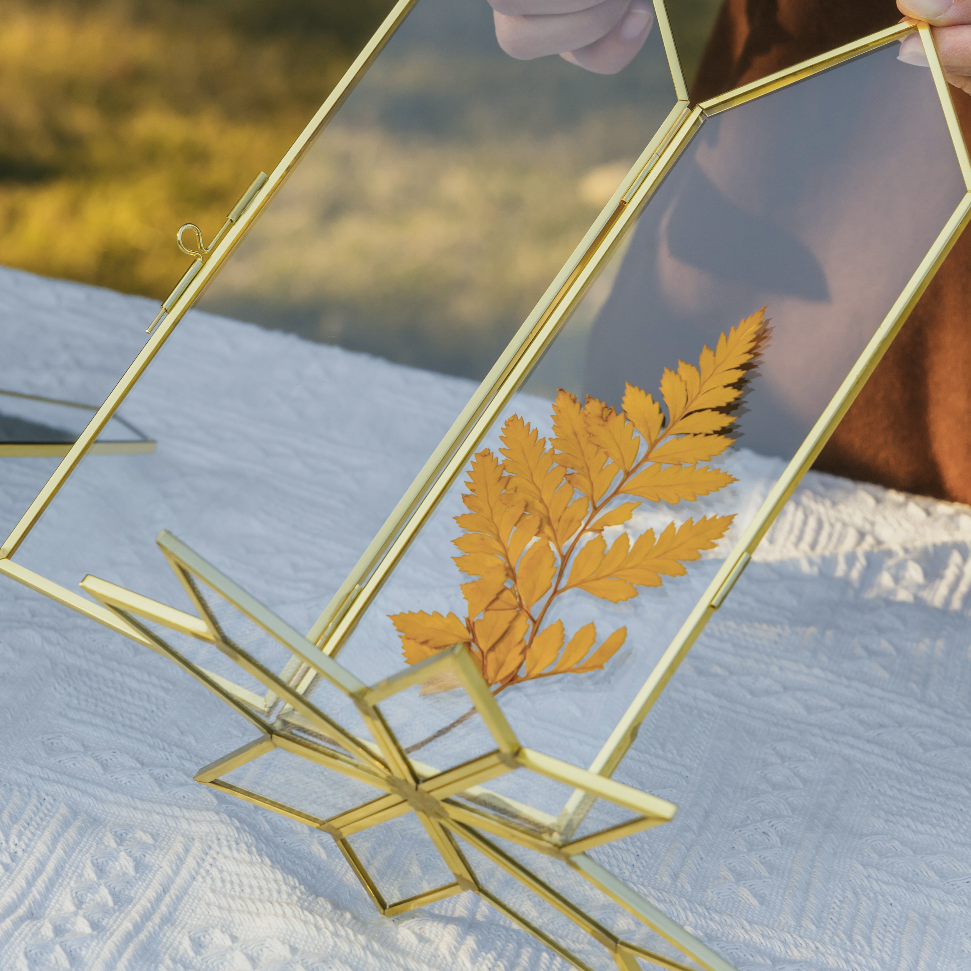 Geometric Gardenia Garden Gold Glass and Brass Wedding Table Number Holder, pressed flower frame - NCYPgarden