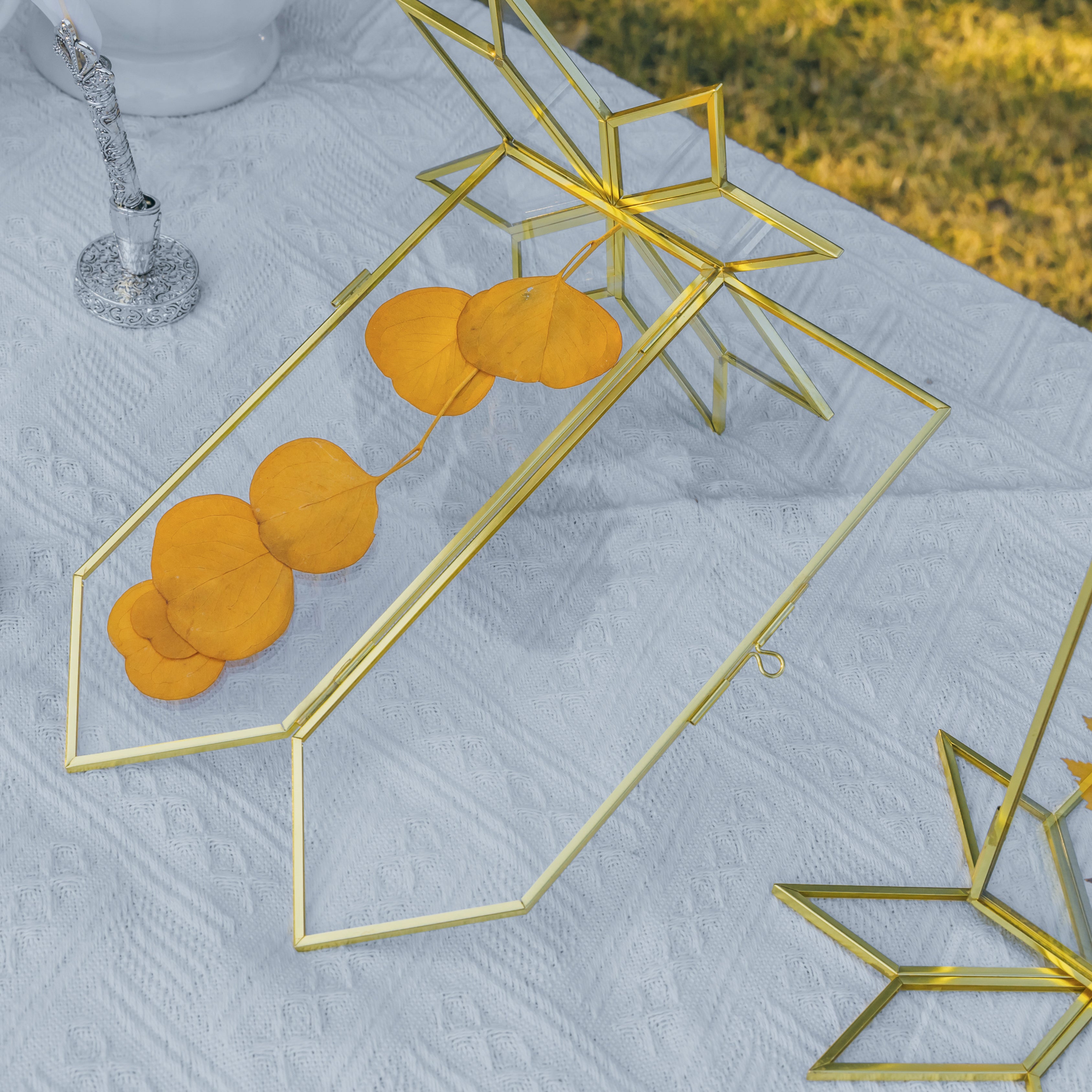 Geometric Gardenia Garden Gold Glass and Brass Wedding Table Number Holder, pressed flower frame - NCYPgarden