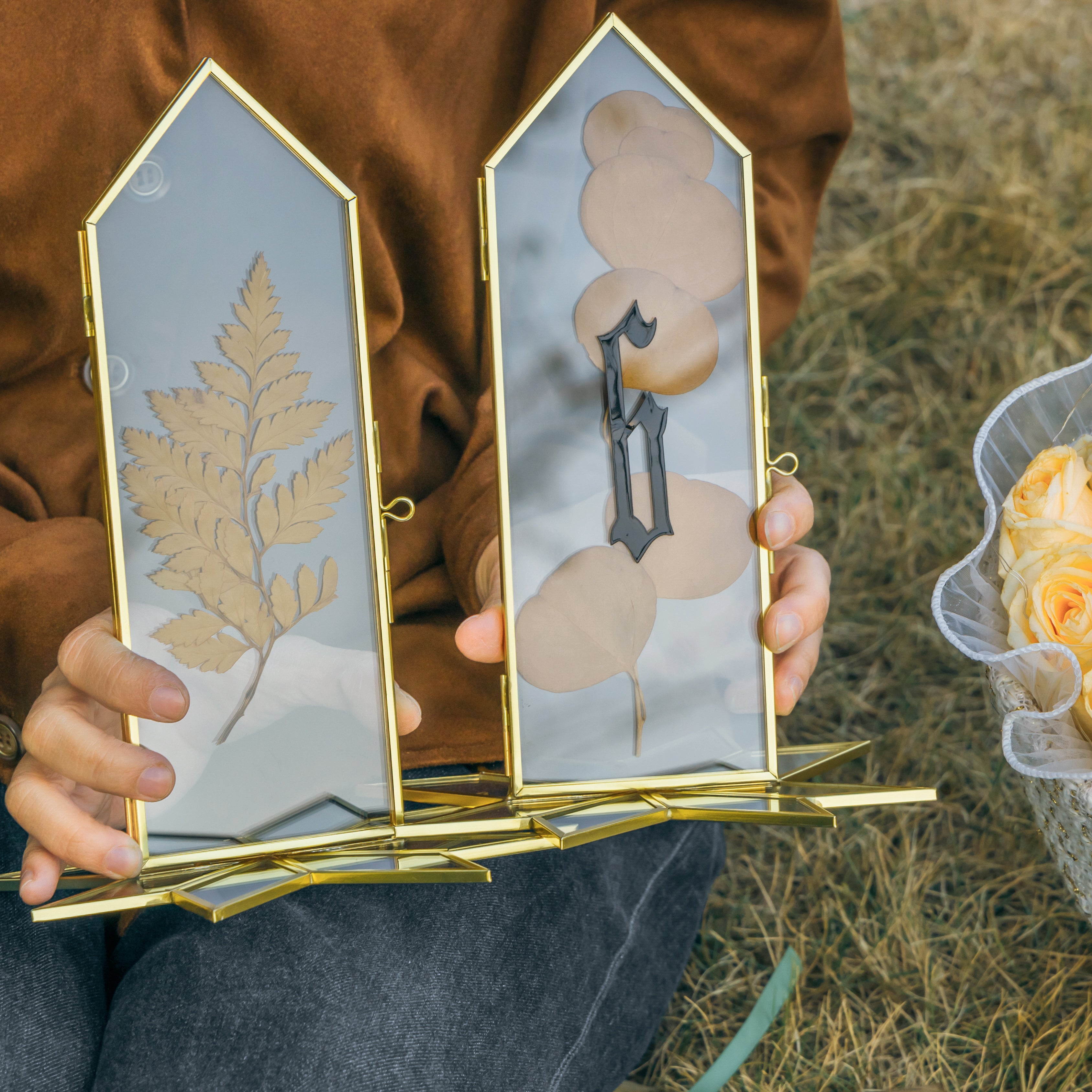 Geometric Gardenia Garden Gold Glass and Brass Wedding Table Number Holder, pressed flower frame - NCYPgarden