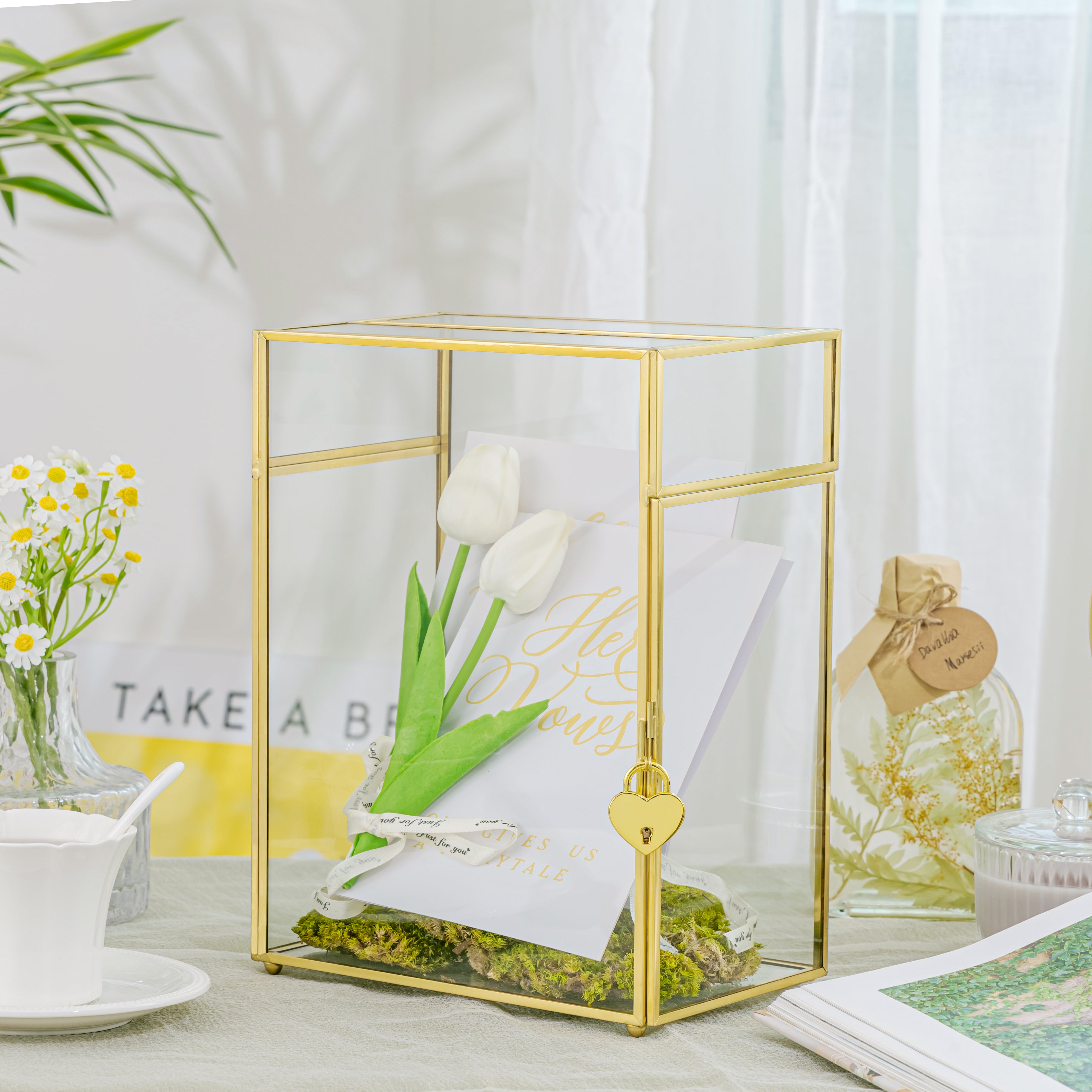 NCYP Glass Cards Box for Wedding Reception - Rectangle Glass Box with Slot and Lock for Money, Envelopes - Birthdays Party Tabletop Decor, 8" x 5.5" x 11.3" Gold, Clear (Card Box Only) - NCYPgarden