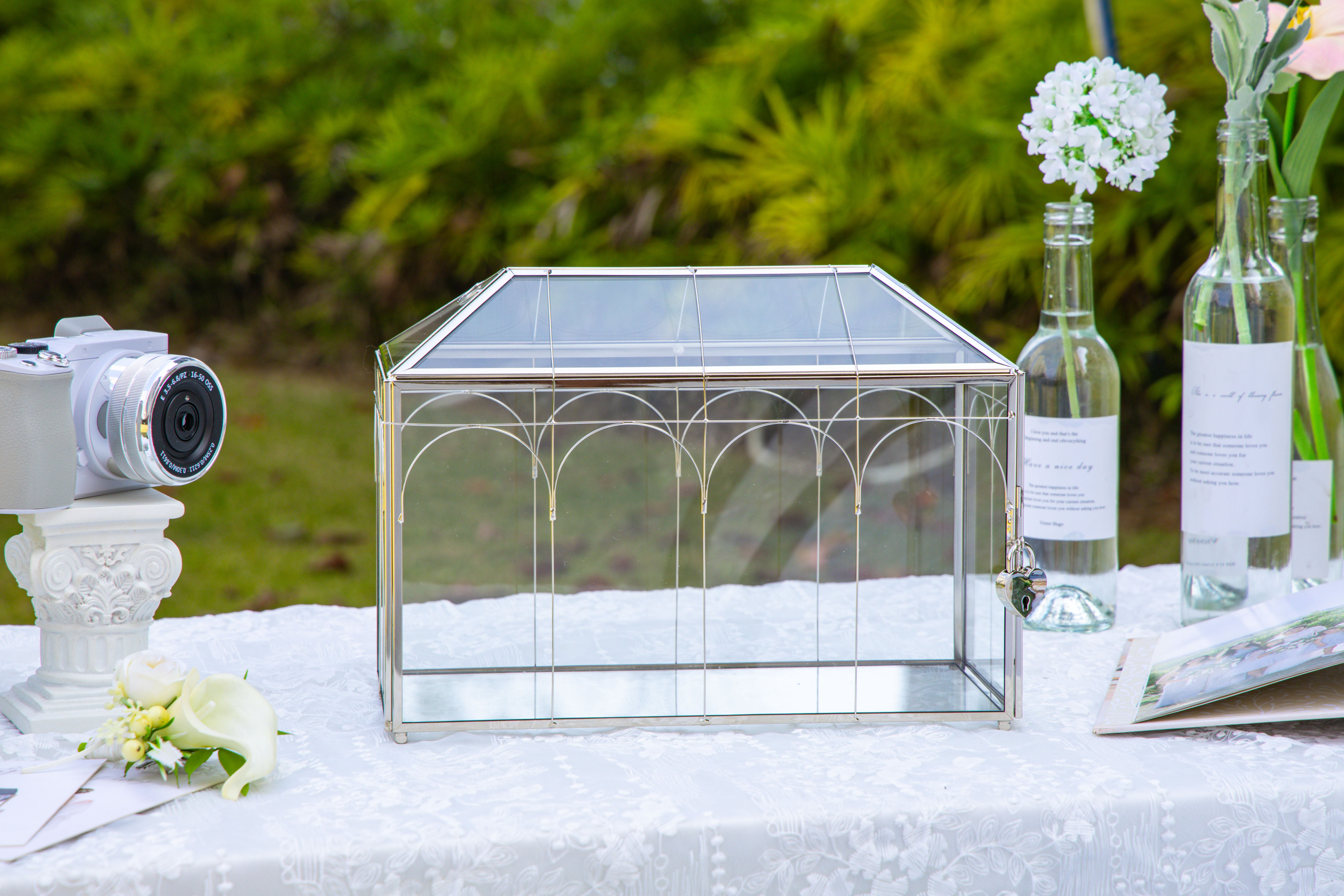 Vintage Silver Large Geometric Glass Card Box Terrarium with Heart Lock, Foot, Handmade Brass for Wedding Reception Wishwell Keepsake - NCYPgarden