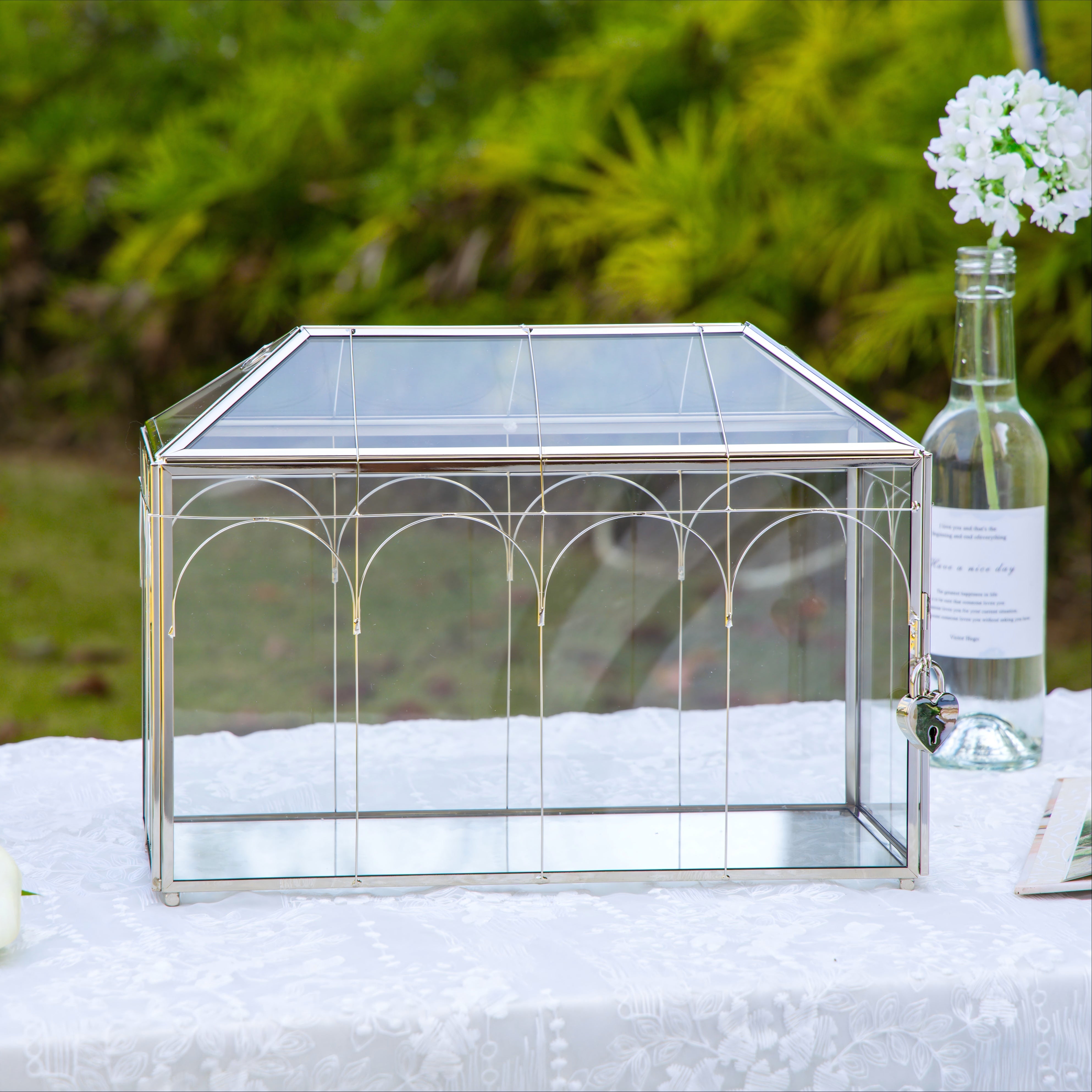 Vintage Silver Large Geometric Glass Card Box Terrarium with Heart Lock, Foot, Handmade Brass for Wedding Reception Wishwell Keepsake - NCYPgarden