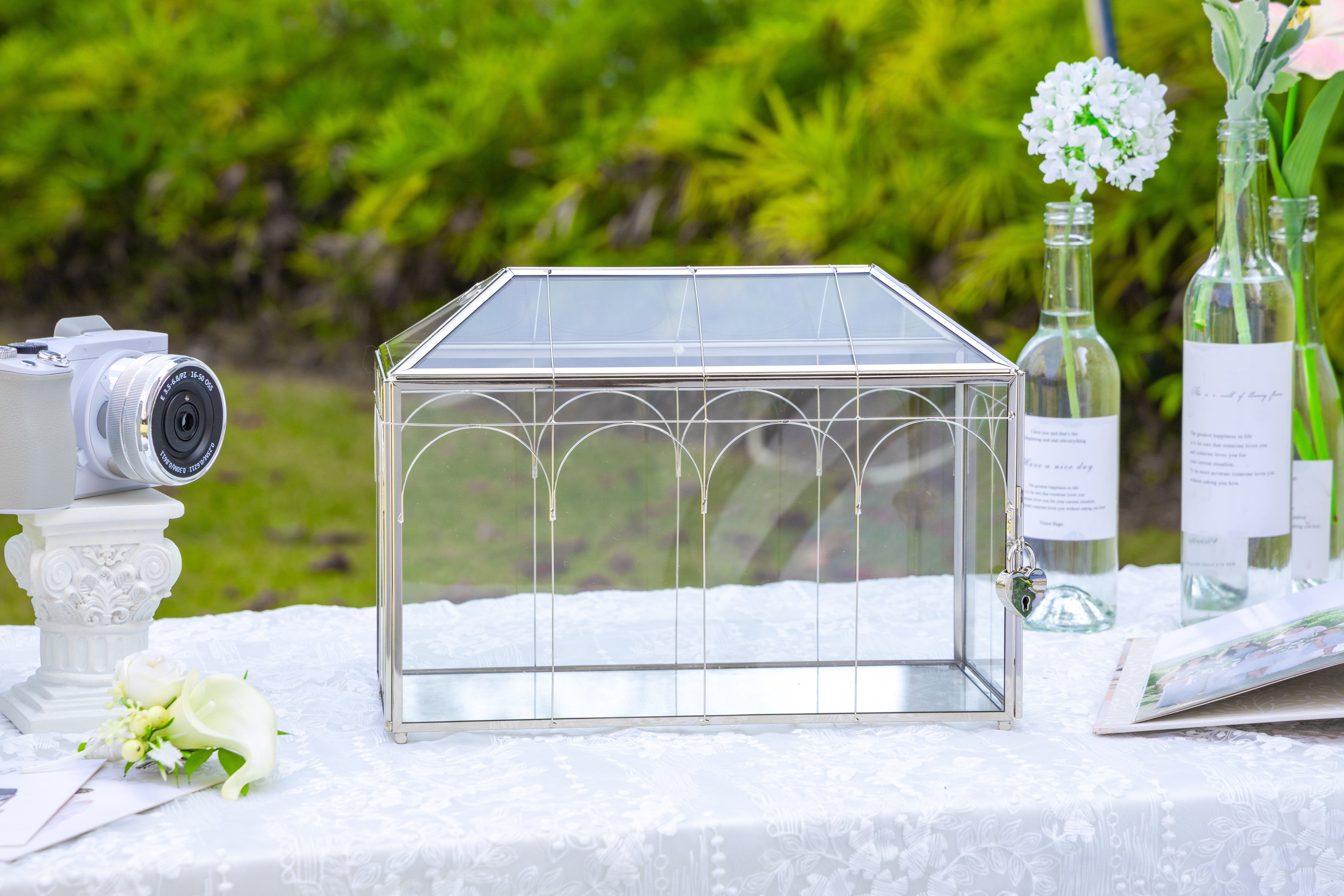 Vintage Silver Large Geometric Glass Card Box Terrarium with Heart Lock, Foot, Handmade Brass for Wedding Reception Wishwell Keepsake - NCYPgarden