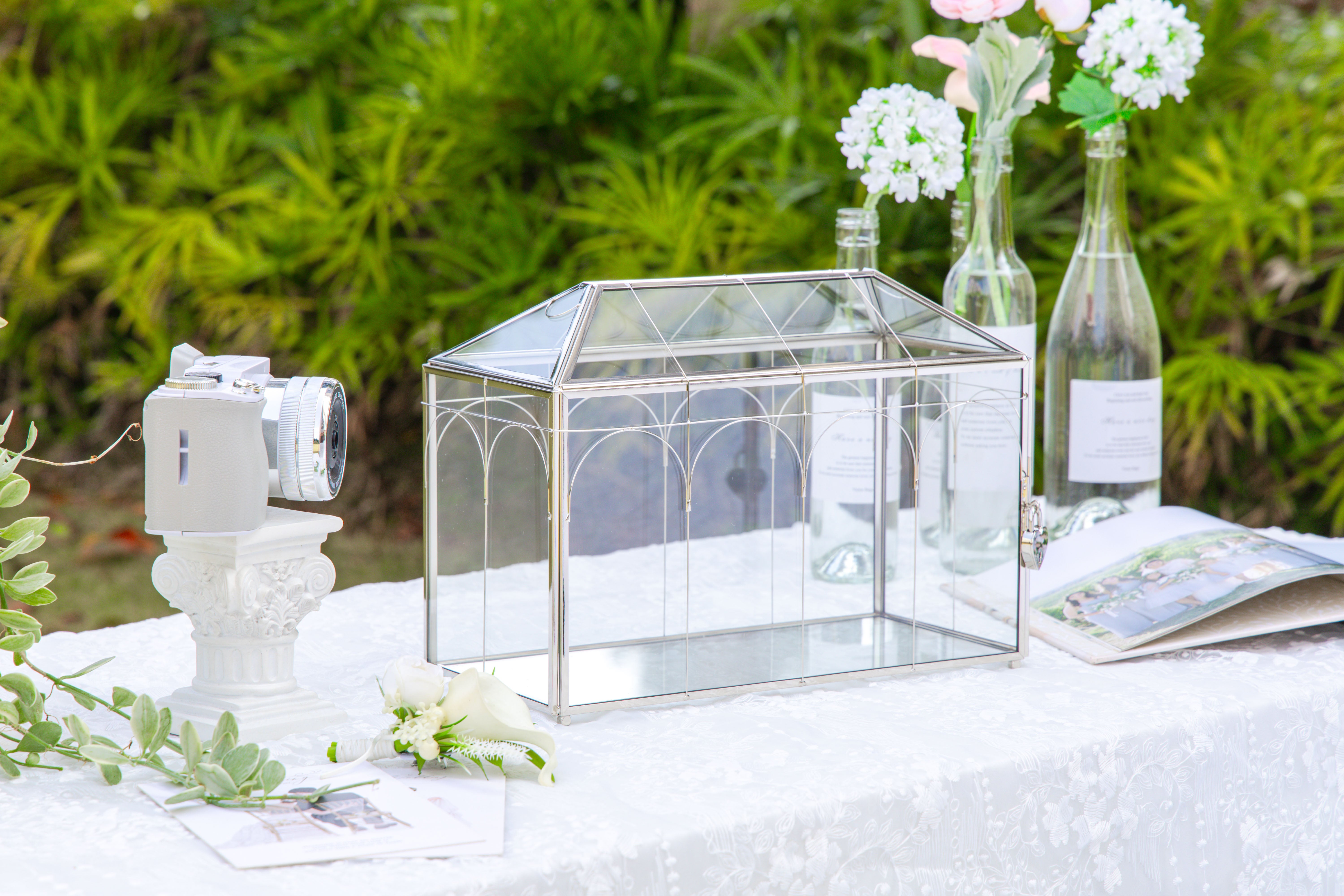 Vintage Silver Large Geometric Glass Card Box Terrarium with Heart Lock, Foot, Handmade Brass for Wedding Reception Wishwell Keepsake - NCYPgarden