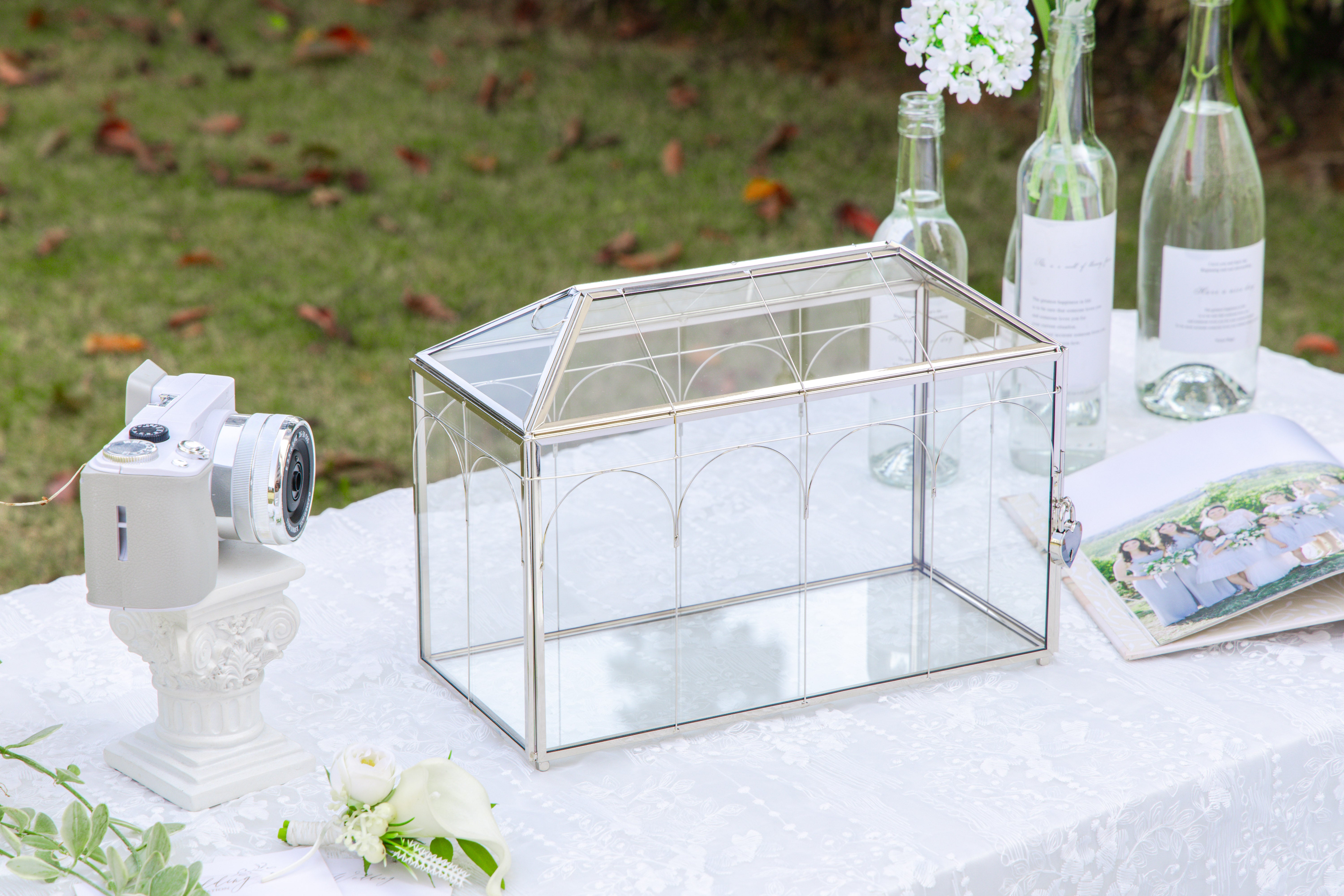 Vintage Silver Large Geometric Glass Card Box Terrarium with Heart Lock, Foot, Handmade Brass for Wedding Reception Wishwell Keepsake - NCYPgarden
