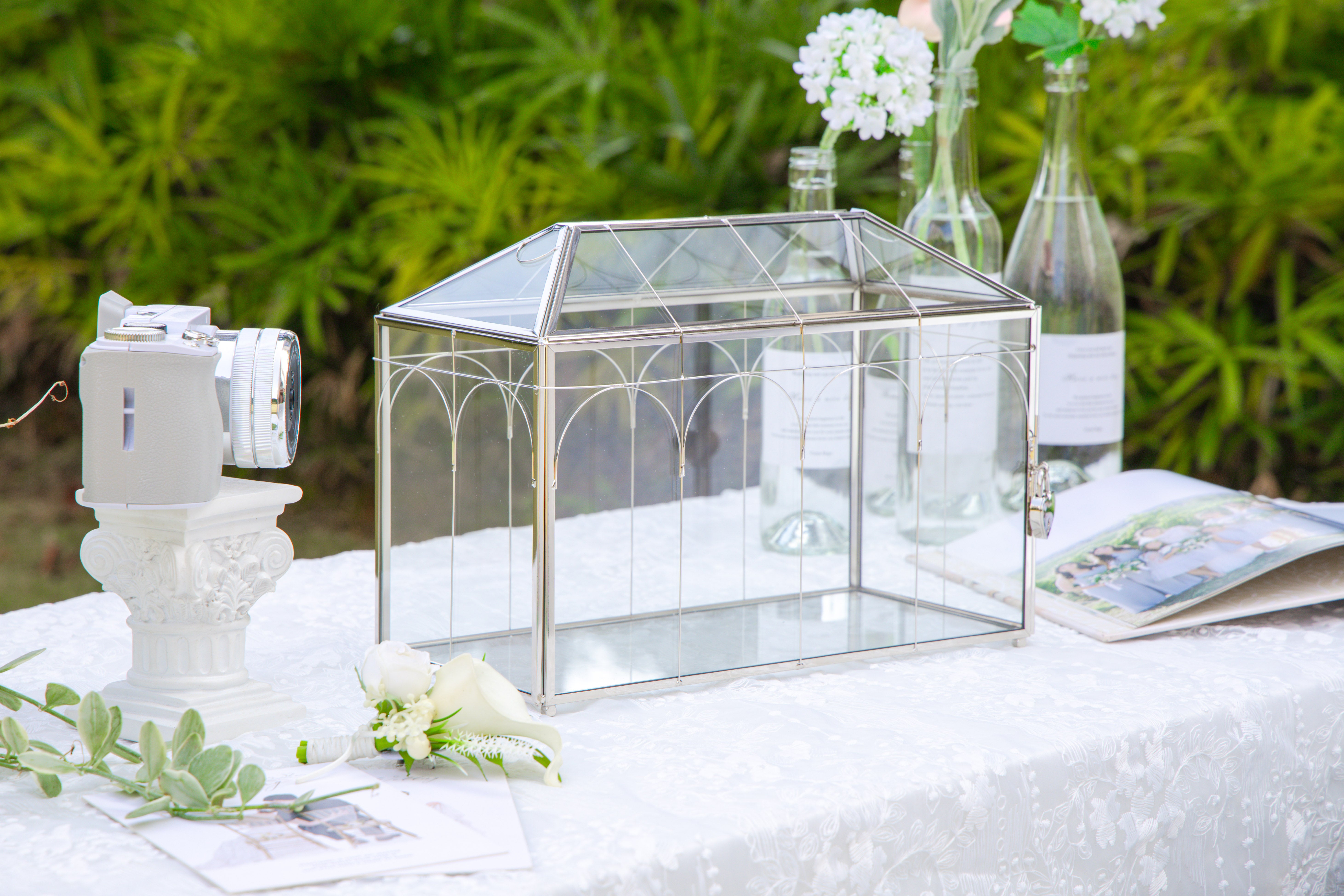 Vintage Silver Large Geometric Glass Card Box Terrarium with Heart Lock, Foot, Handmade Brass for Wedding Reception Wishwell Keepsake - NCYPgarden