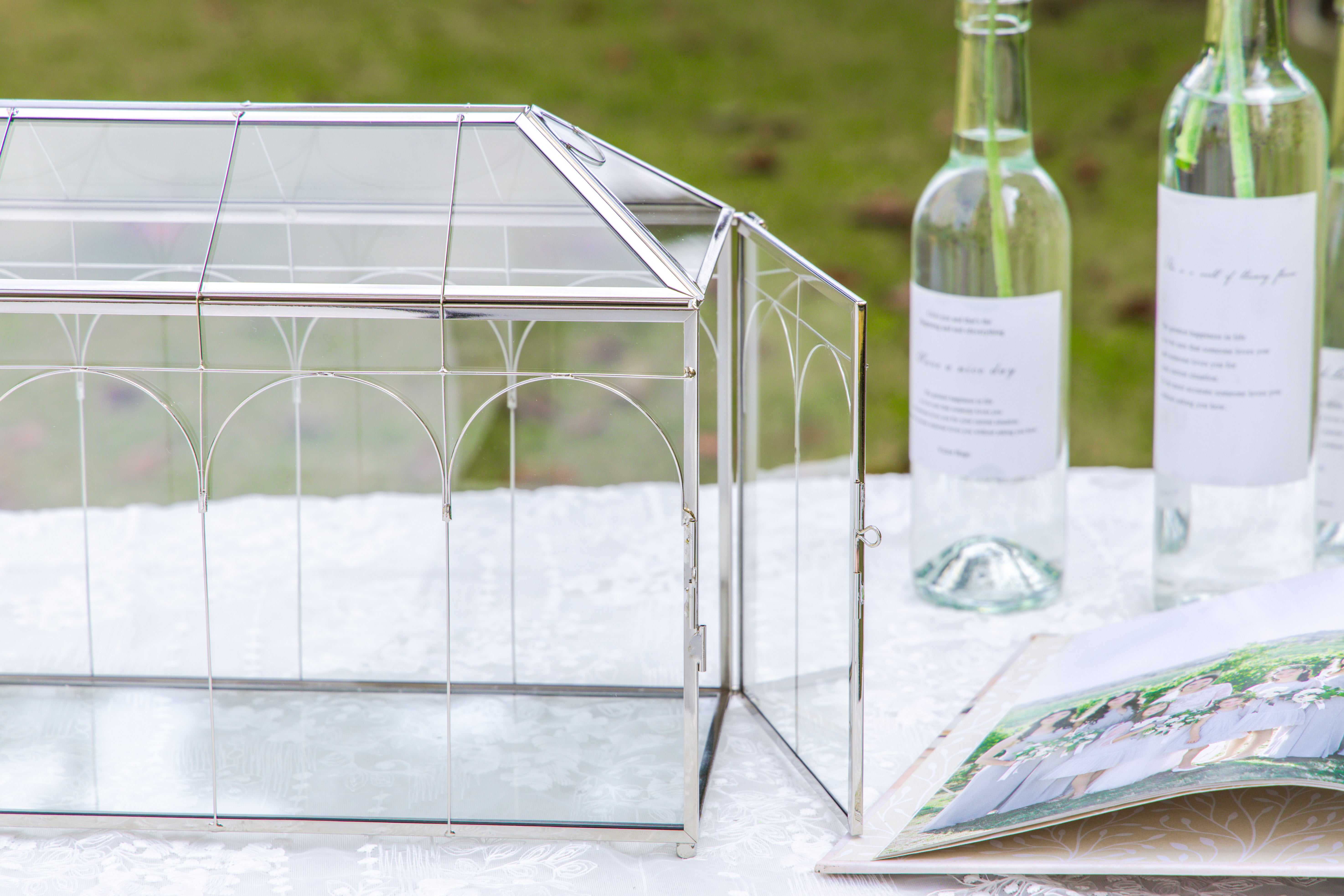 Vintage Silver Large Geometric Glass Card Box Terrarium with Heart Lock, Foot, Handmade Brass for Wedding Reception Wishwell Keepsake - NCYPgarden