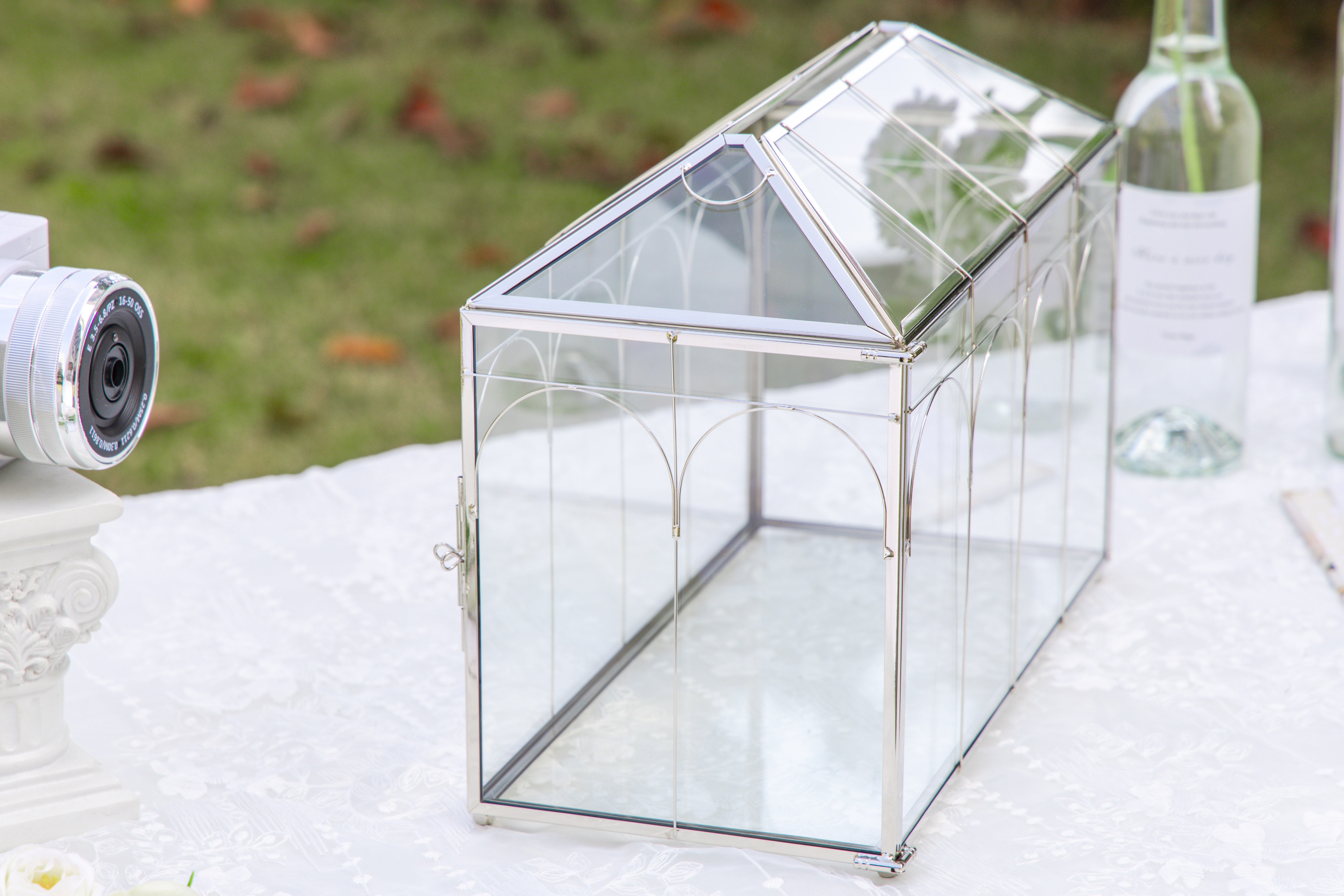 Vintage Silver Large Geometric Glass Card Box Terrarium with Heart Lock, Foot, Handmade Brass for Wedding Reception Wishwell Keepsake - NCYPgarden
