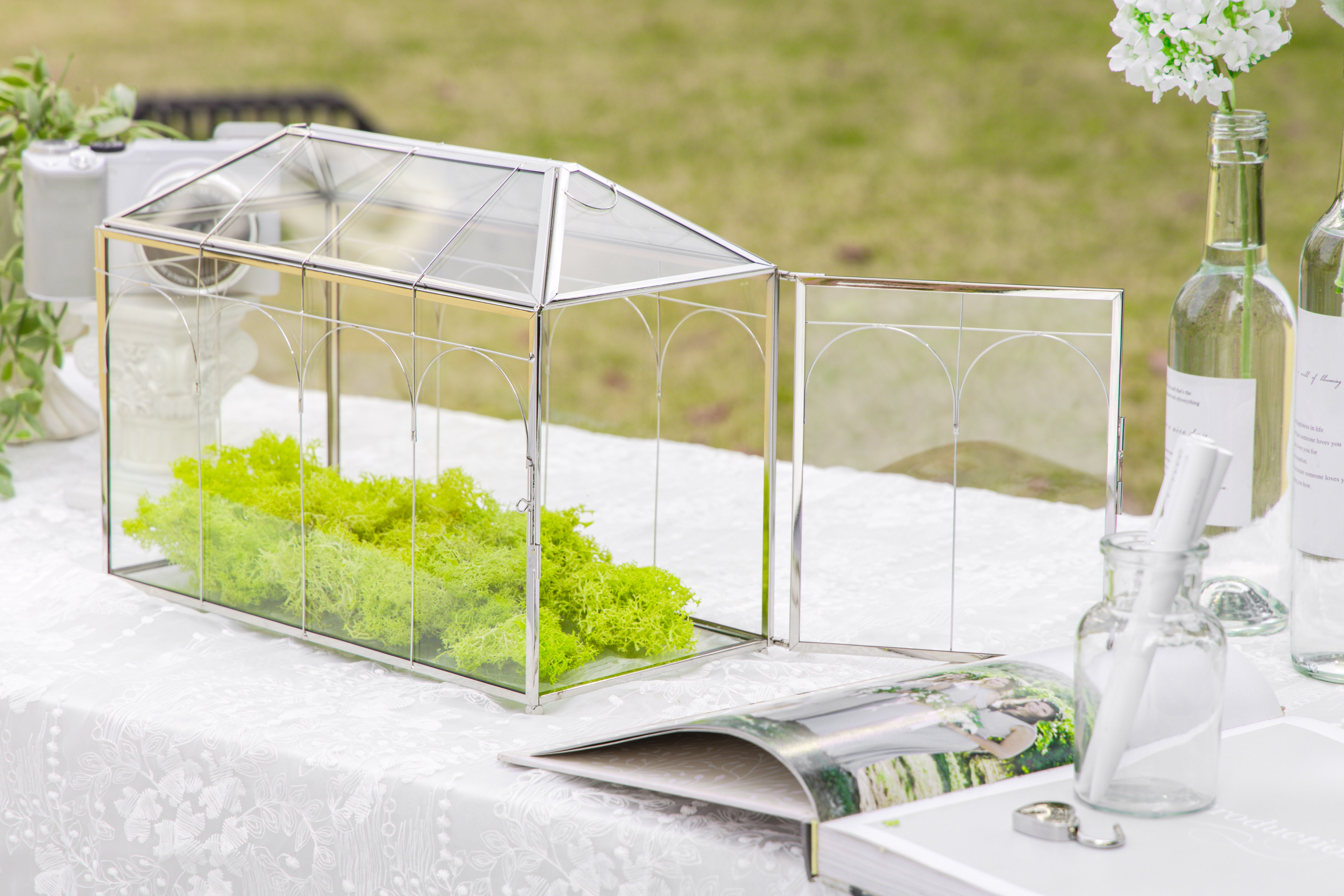 Vintage Silver Large Geometric Glass Card Box Terrarium with Heart Lock, Foot, Handmade Brass for Wedding Reception Wishwell Keepsake - NCYPgarden