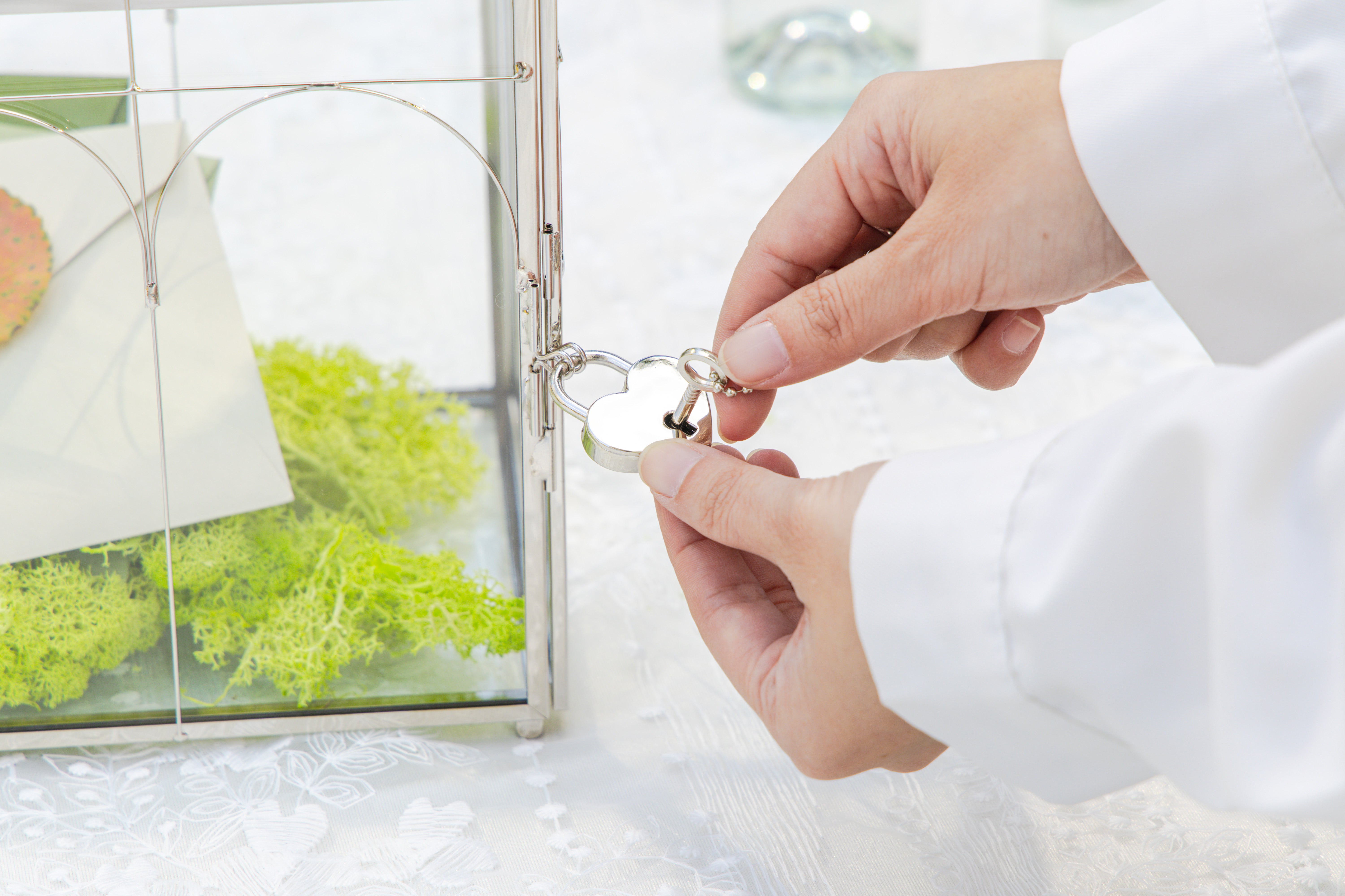 Vintage Silver Large Geometric Glass Card Box Terrarium with Heart Lock, Foot, Handmade Brass for Wedding Reception Wishwell Keepsake - NCYPgarden