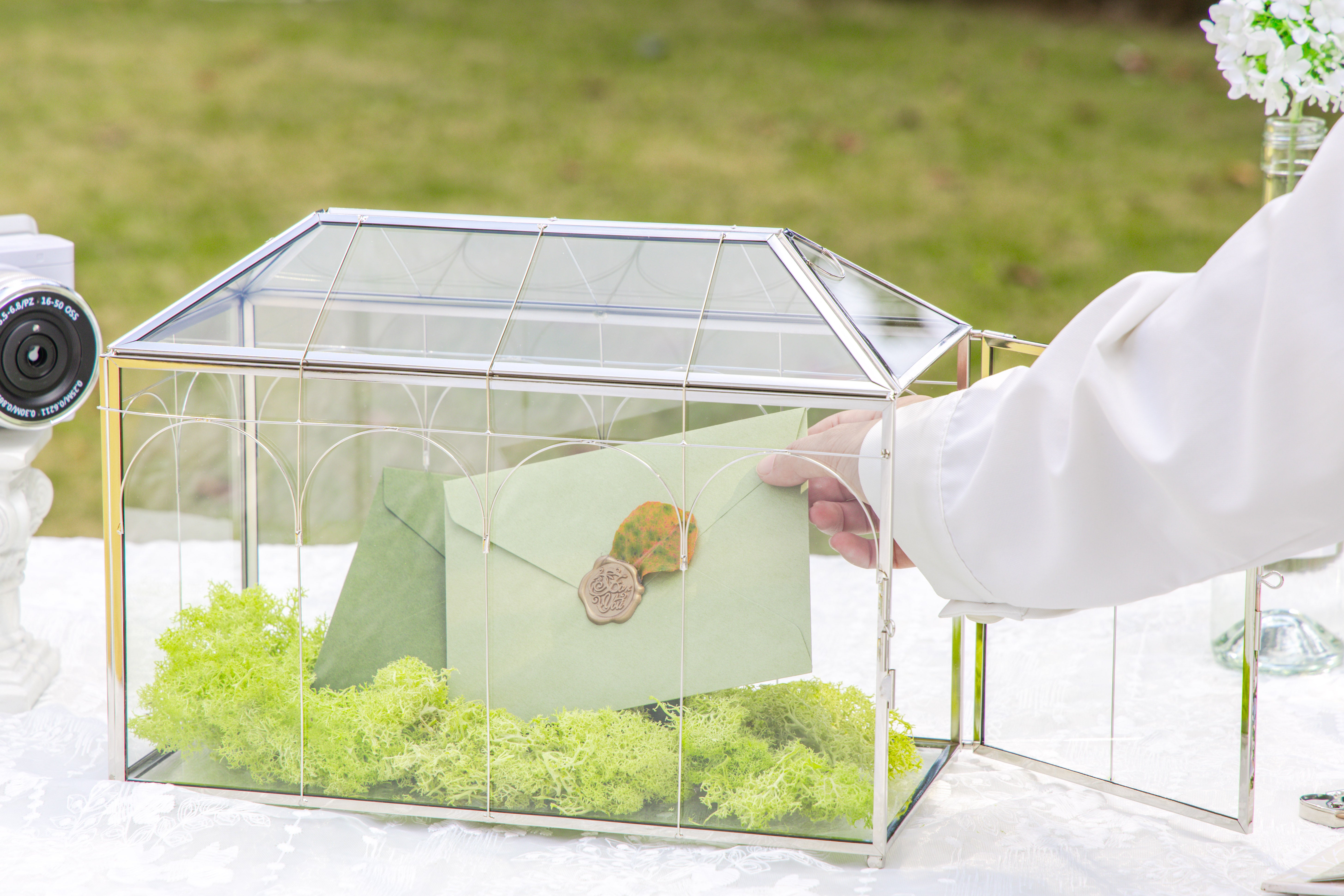 Vintage Silver Large Geometric Glass Card Box Terrarium with Heart Lock, Foot, Handmade Brass for Wedding Reception Wishwell Keepsake - NCYPgarden