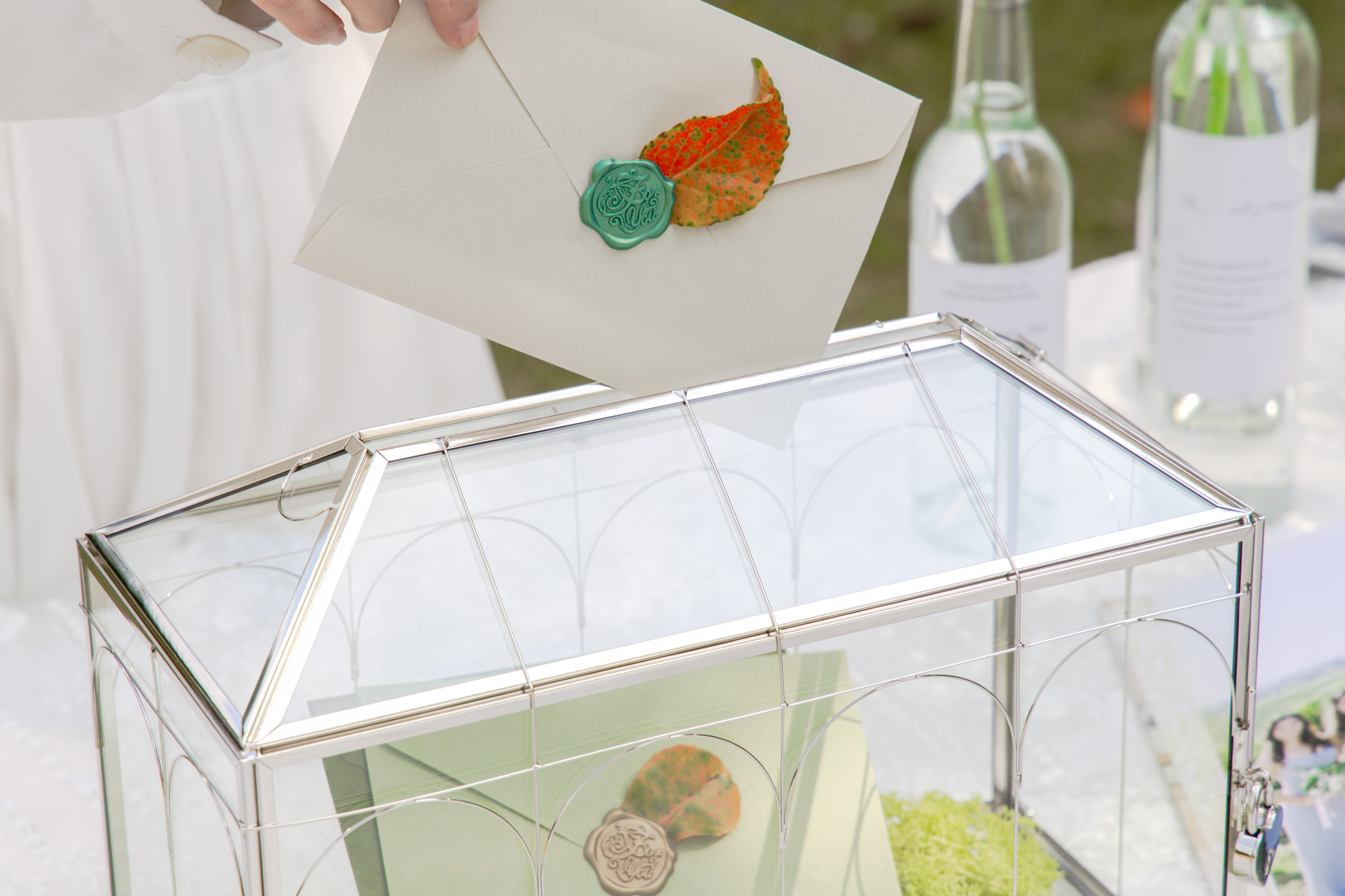 Vintage Silver Large Geometric Glass Card Box Terrarium with Heart Lock, Foot, Handmade Brass for Wedding Reception Wishwell Keepsake - NCYPgarden