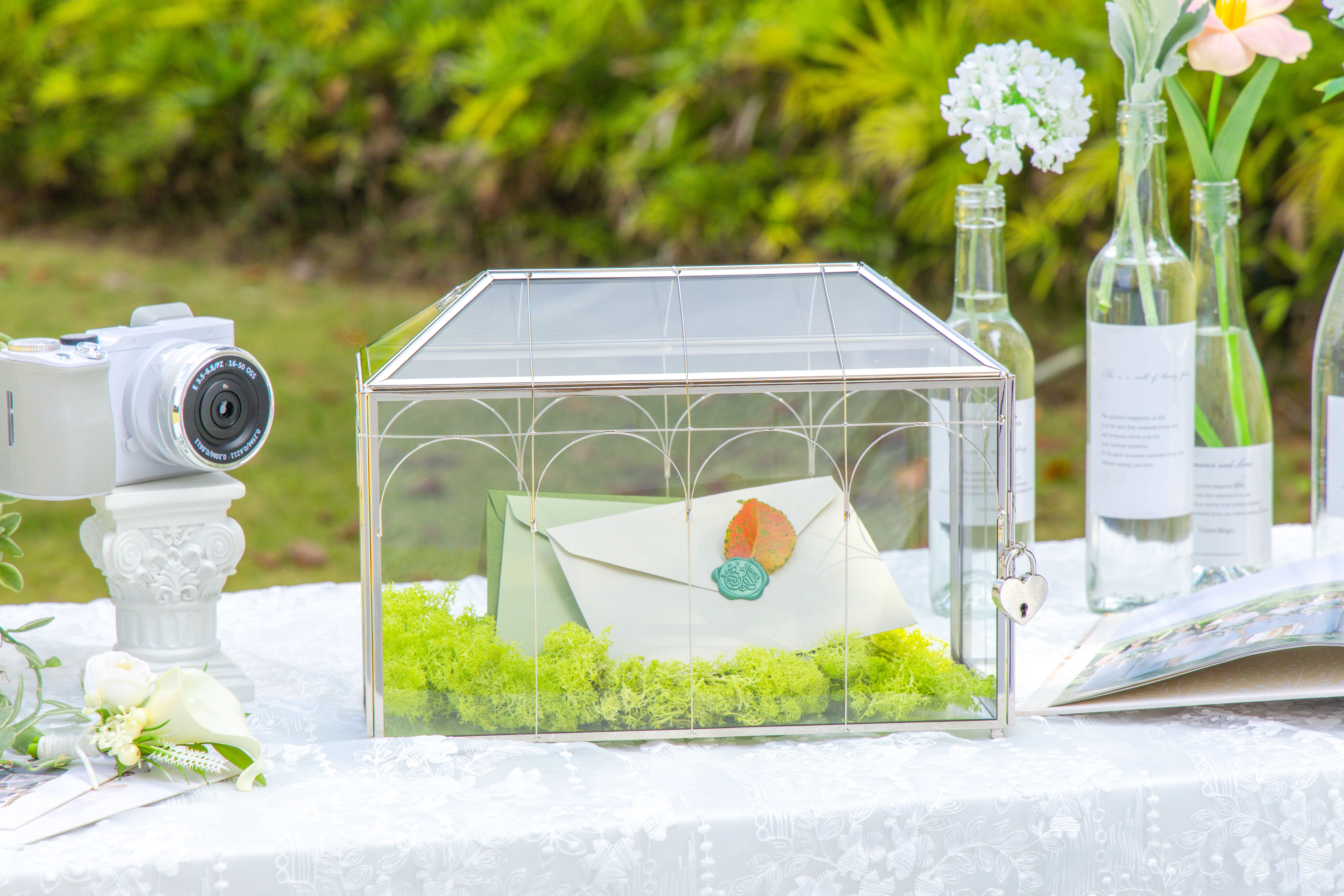 Vintage Silver Large Geometric Glass Card Box Terrarium with Heart Lock, Foot, Handmade Brass for Wedding Reception Wishwell Keepsake - NCYPgarden