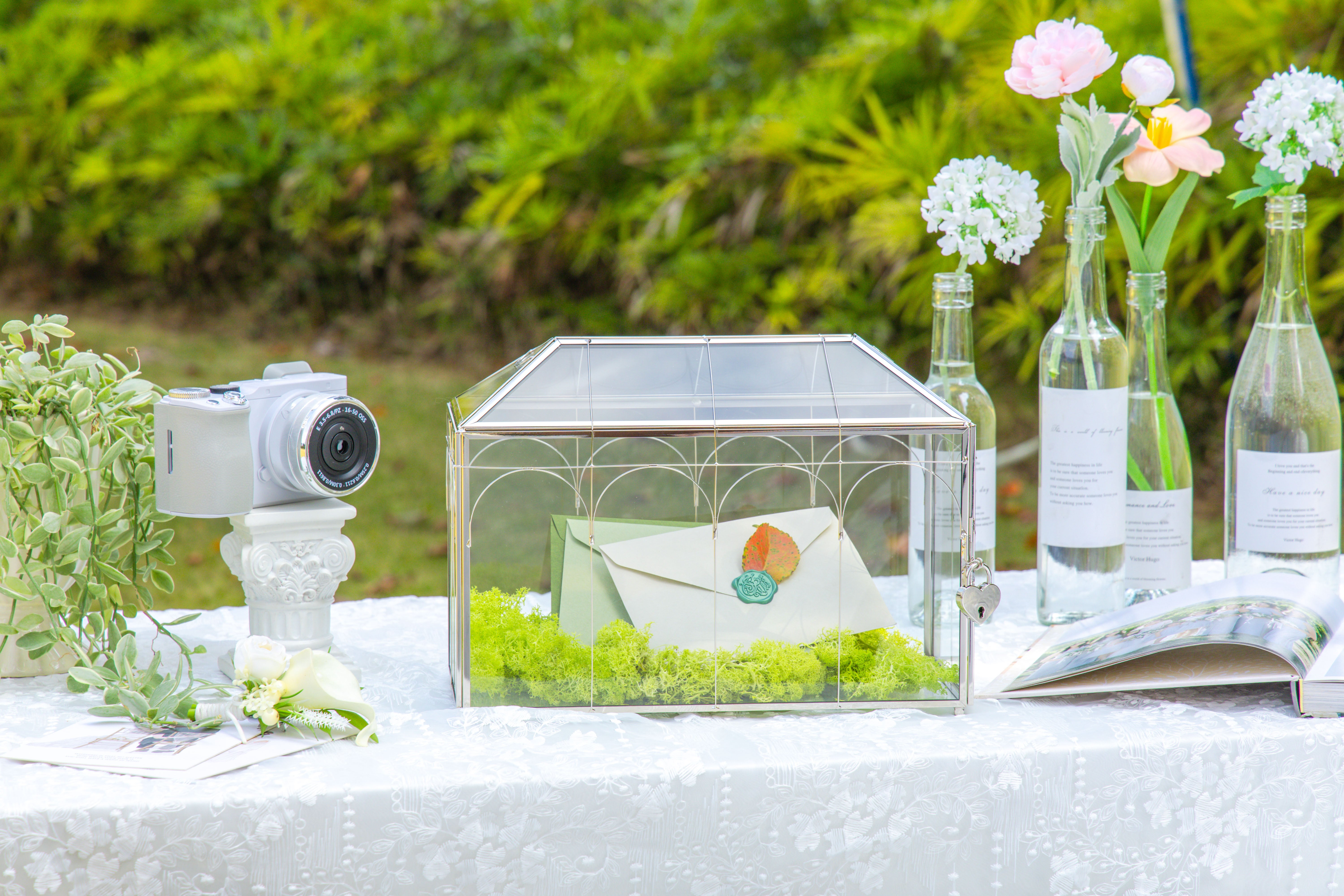 Vintage Silver Large Geometric Glass Card Box Terrarium with Heart Lock, Foot, Handmade Brass for Wedding Reception Wishwell Keepsake - NCYPgarden