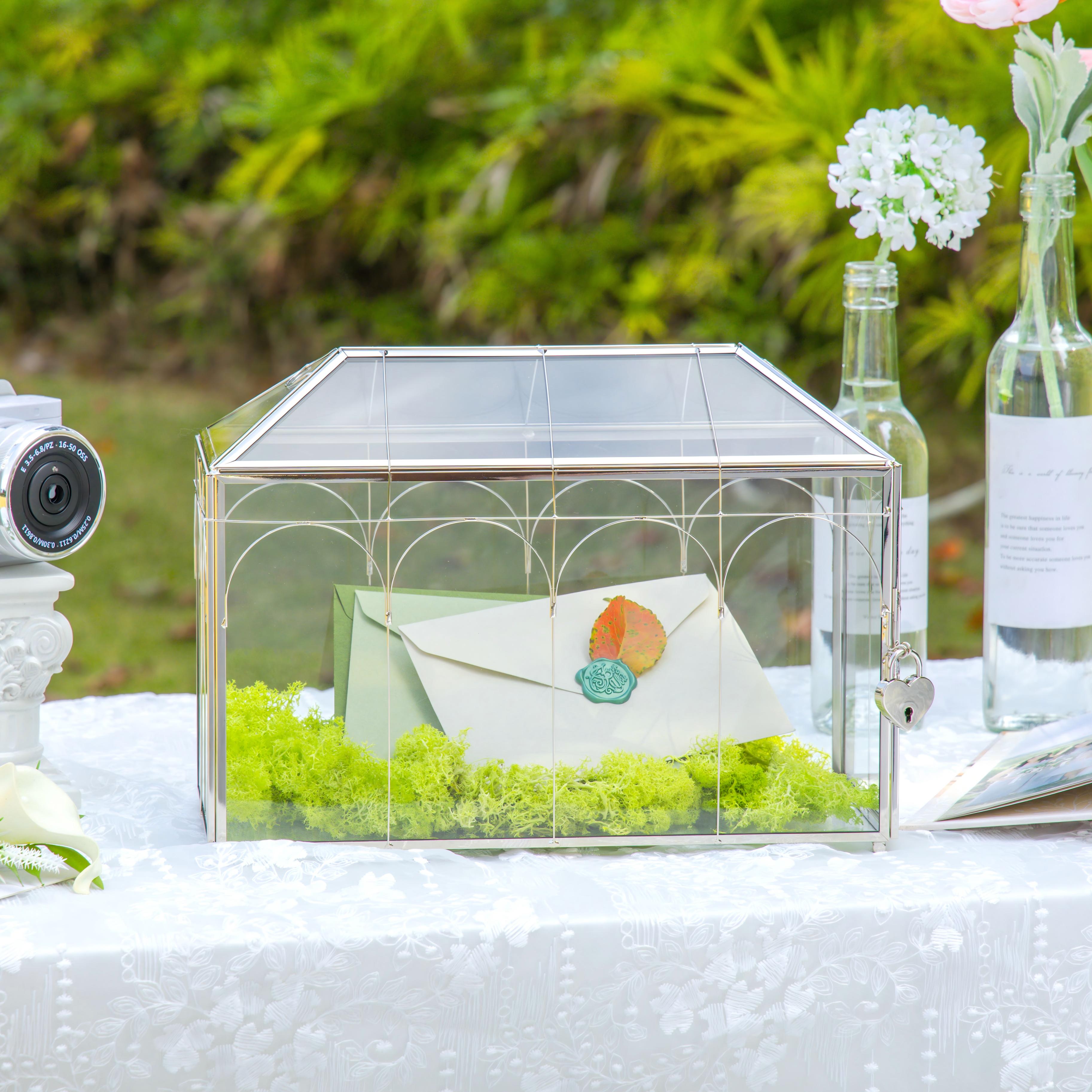 Vintage Silver Large Geometric Glass Card Box Terrarium with Heart Lock, Foot, Handmade Brass for Wedding Reception Wishwell Keepsake - NCYPgarden