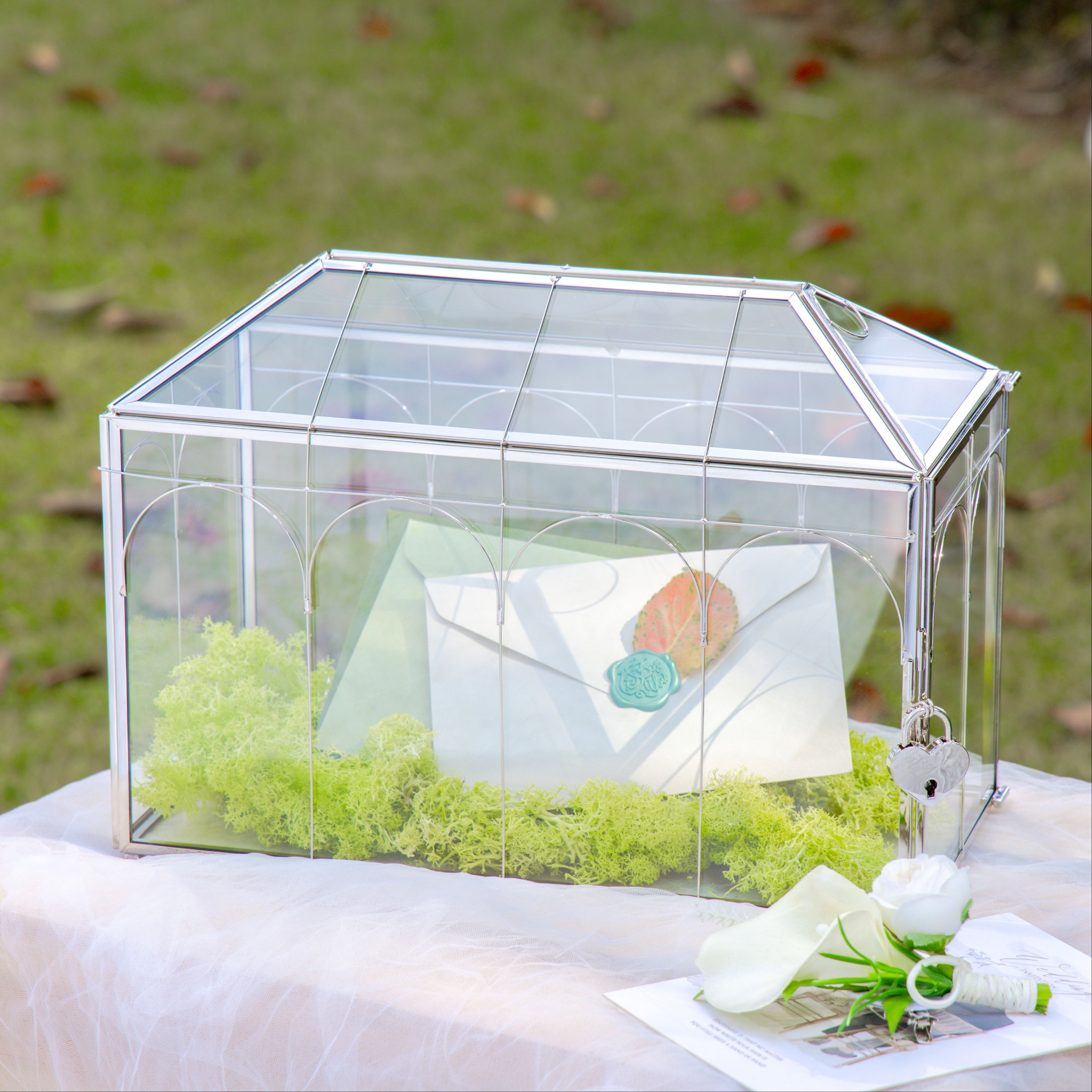 Vintage Silver Large Geometric Glass Card Box Terrarium with Heart Lock, Foot, Handmade Brass for Wedding Reception Wishwell Keepsake - NCYPgarden