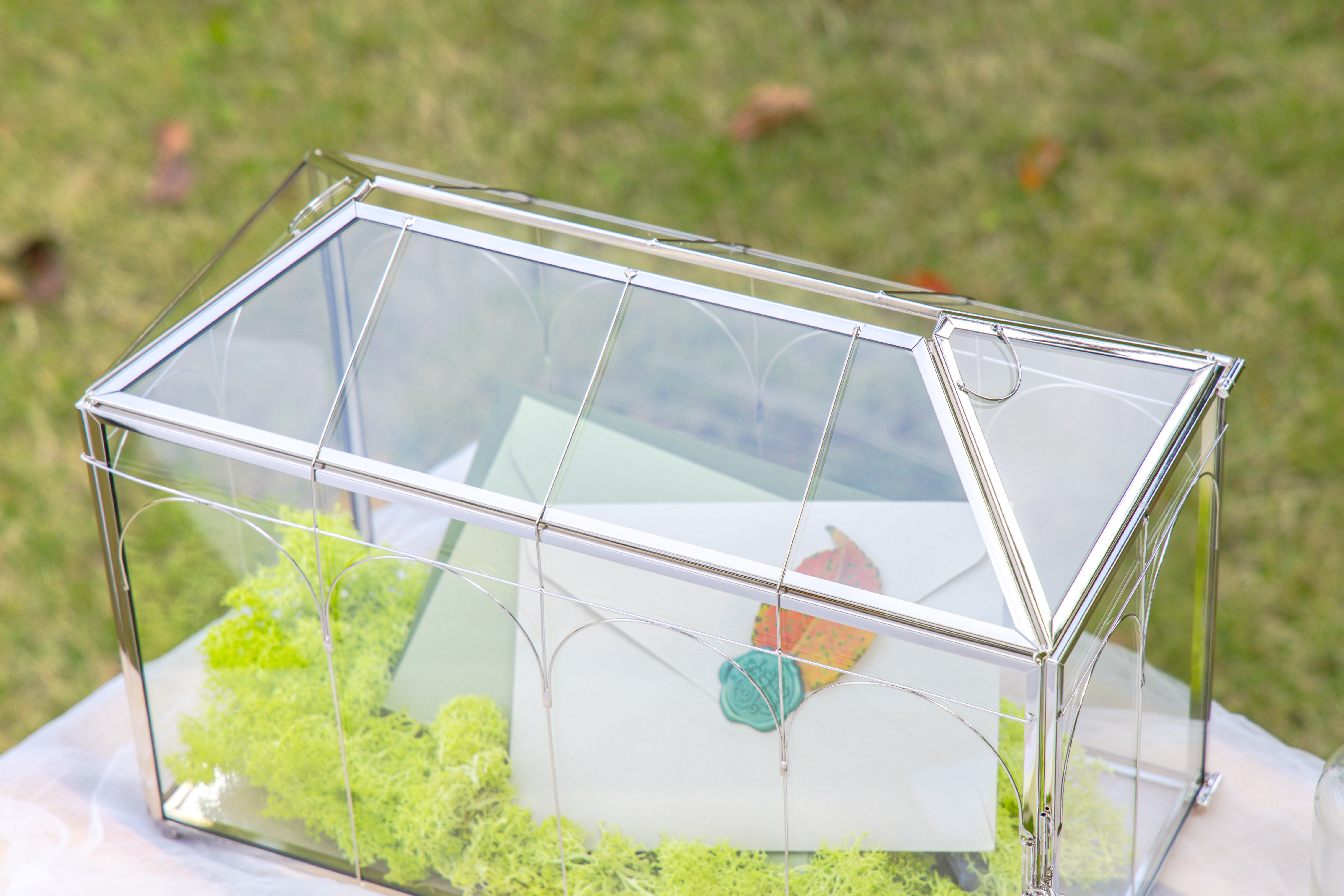 Vintage Silver Large Geometric Glass Card Box Terrarium with Heart Lock, Foot, Handmade Brass for Wedding Reception Wishwell Keepsake - NCYPgarden