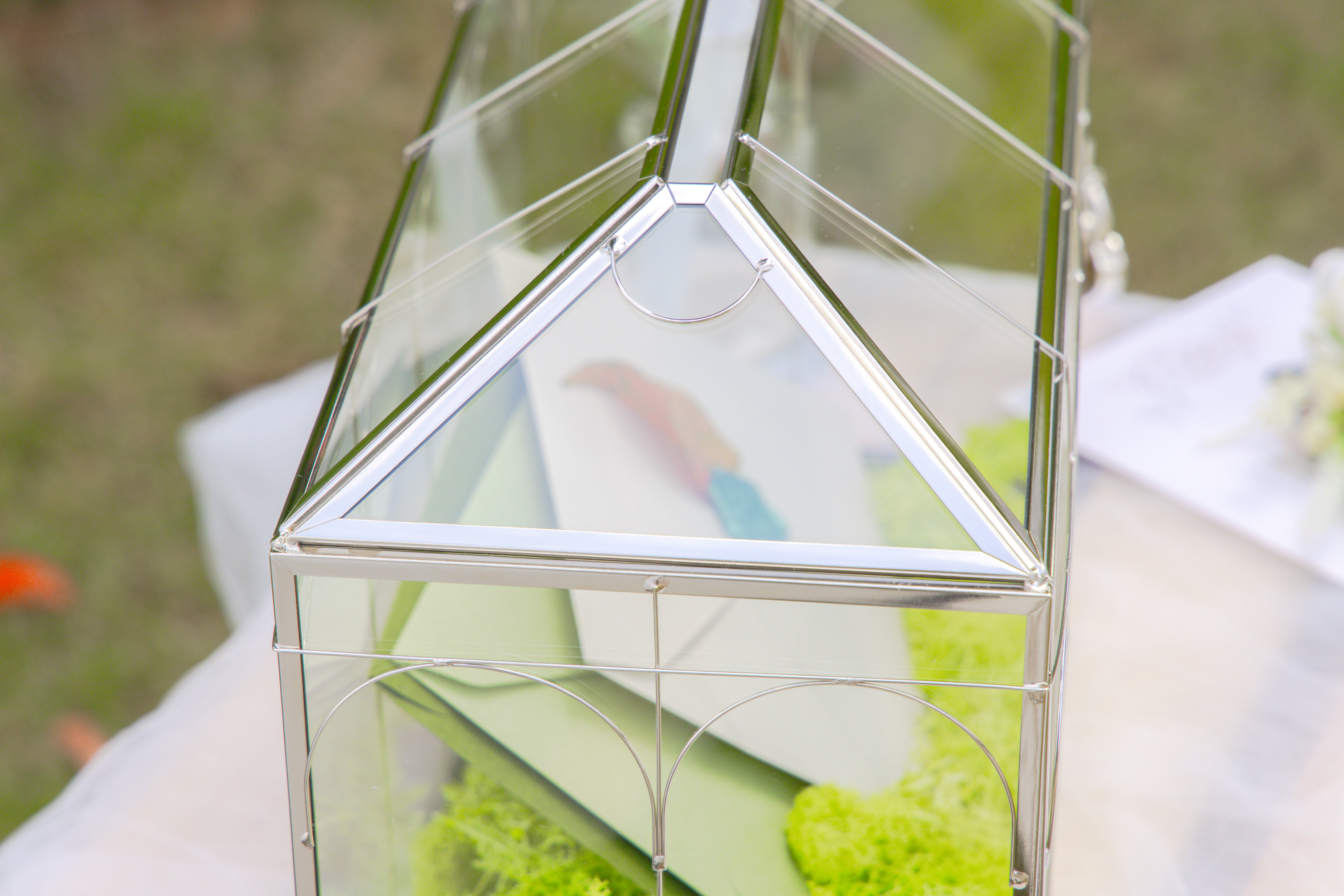Vintage Silver Large Geometric Glass Card Box Terrarium with Heart Lock, Foot, Handmade Brass for Wedding Reception Wishwell Keepsake - NCYPgarden