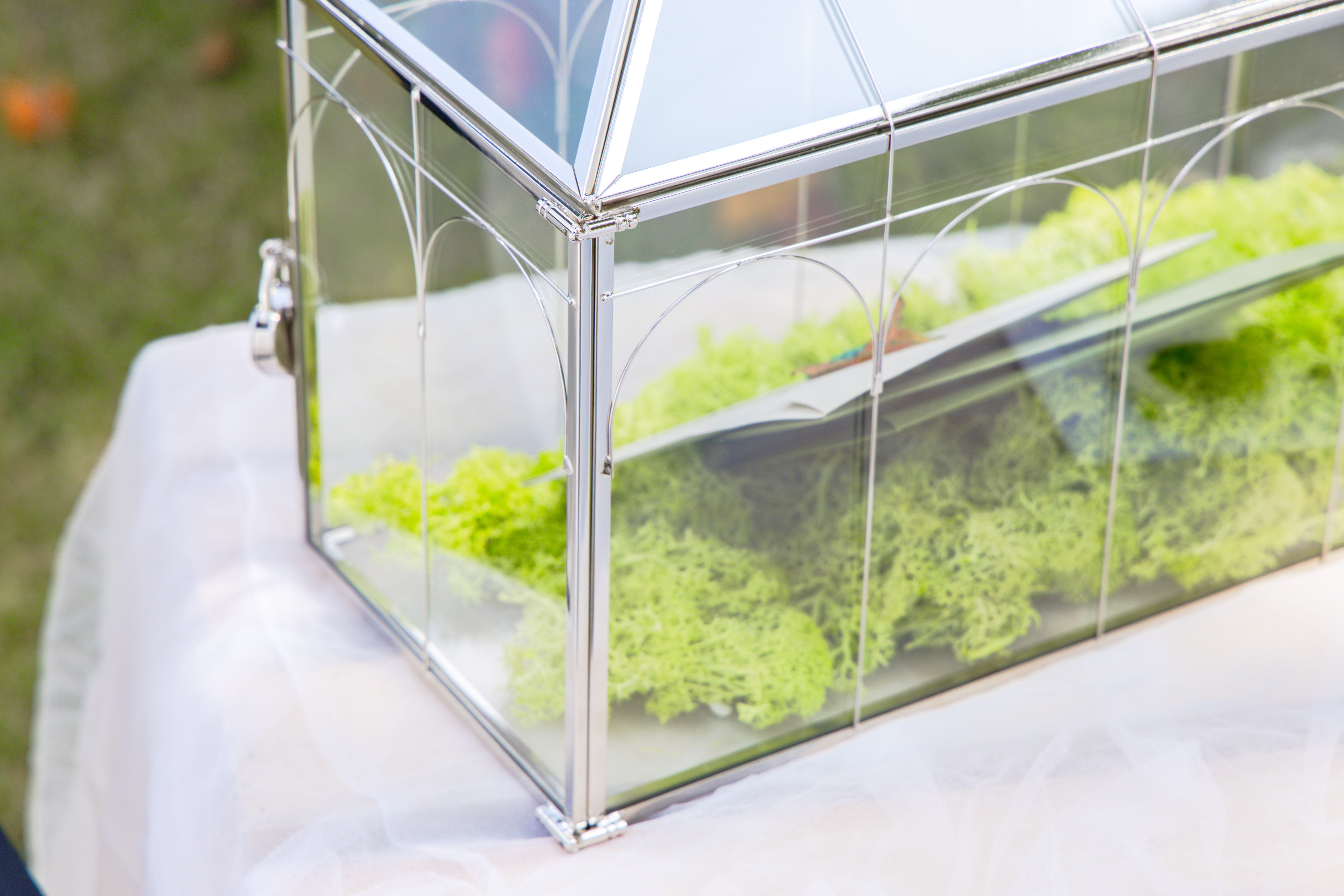 Vintage Silver Large Geometric Glass Card Box Terrarium with Heart Lock, Foot, Handmade Brass for Wedding Reception Wishwell Keepsake - NCYPgarden