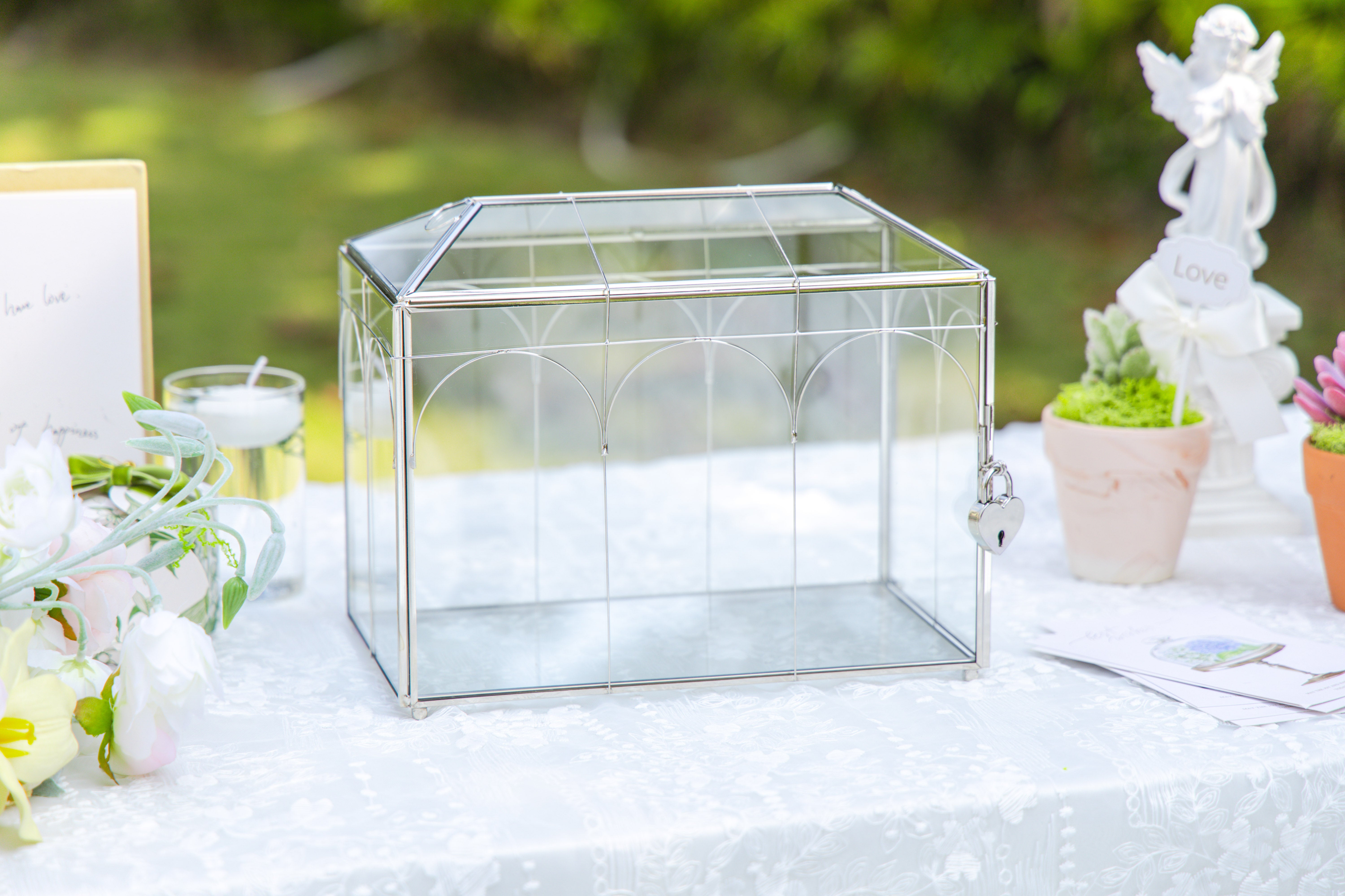 Vintage Silver Small Geometric Glass Card Box Terrarium with Heart Lock, Foot, Handmade Brass for Wedding Reception Wishwell Keepsake - NCYPgarden