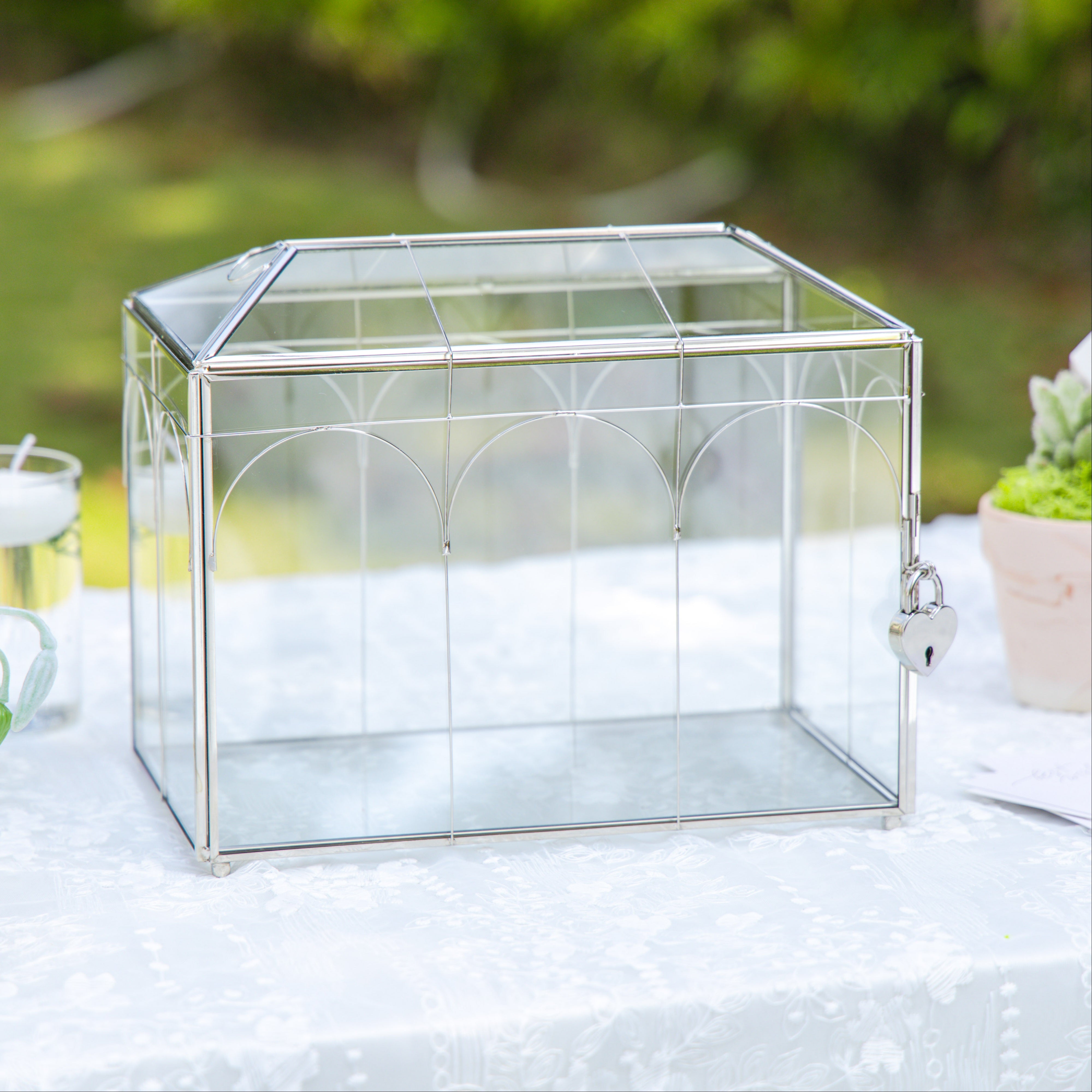 Vintage Silver Small Geometric Glass Card Box Terrarium with Heart Lock, Foot, Handmade Brass for Wedding Reception Wishwell Keepsake - NCYPgarden
