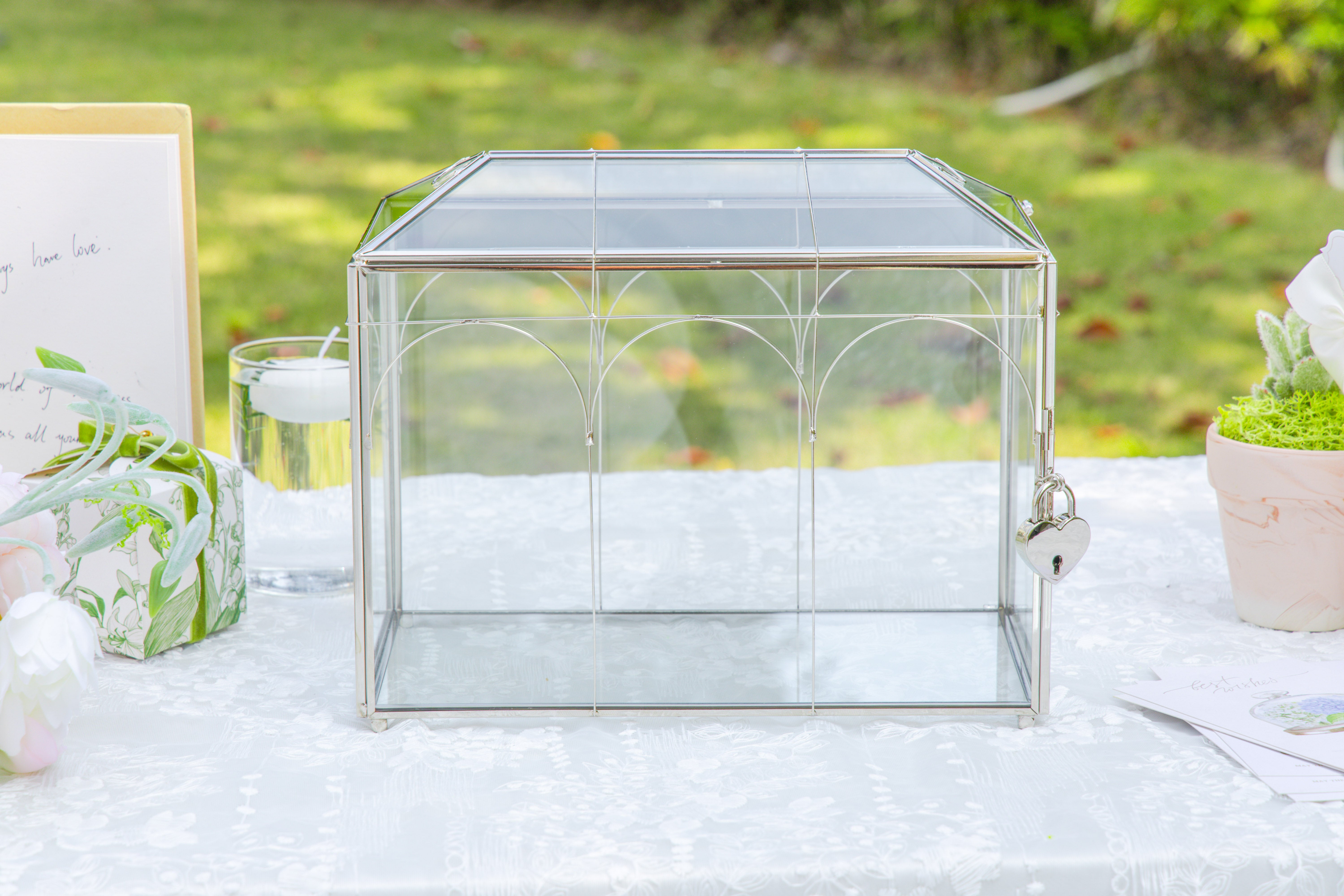Vintage Silver Small Geometric Glass Card Box Terrarium with Heart Lock, Foot, Handmade Brass for Wedding Reception Wishwell Keepsake - NCYPgarden