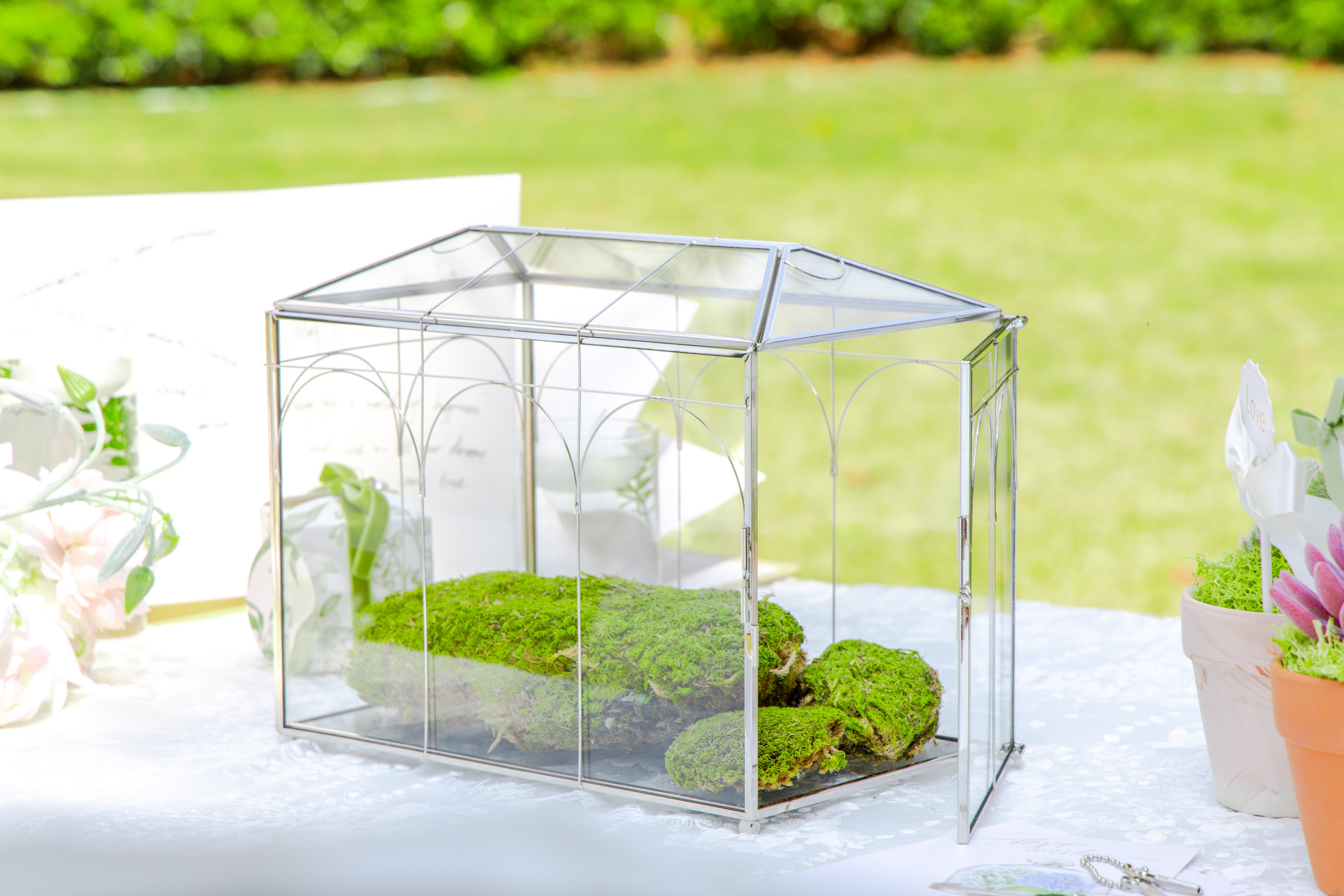 Vintage Silver Small Geometric Glass Card Box Terrarium with Heart Lock, Foot, Handmade Brass for Wedding Reception Wishwell Keepsake - NCYPgarden