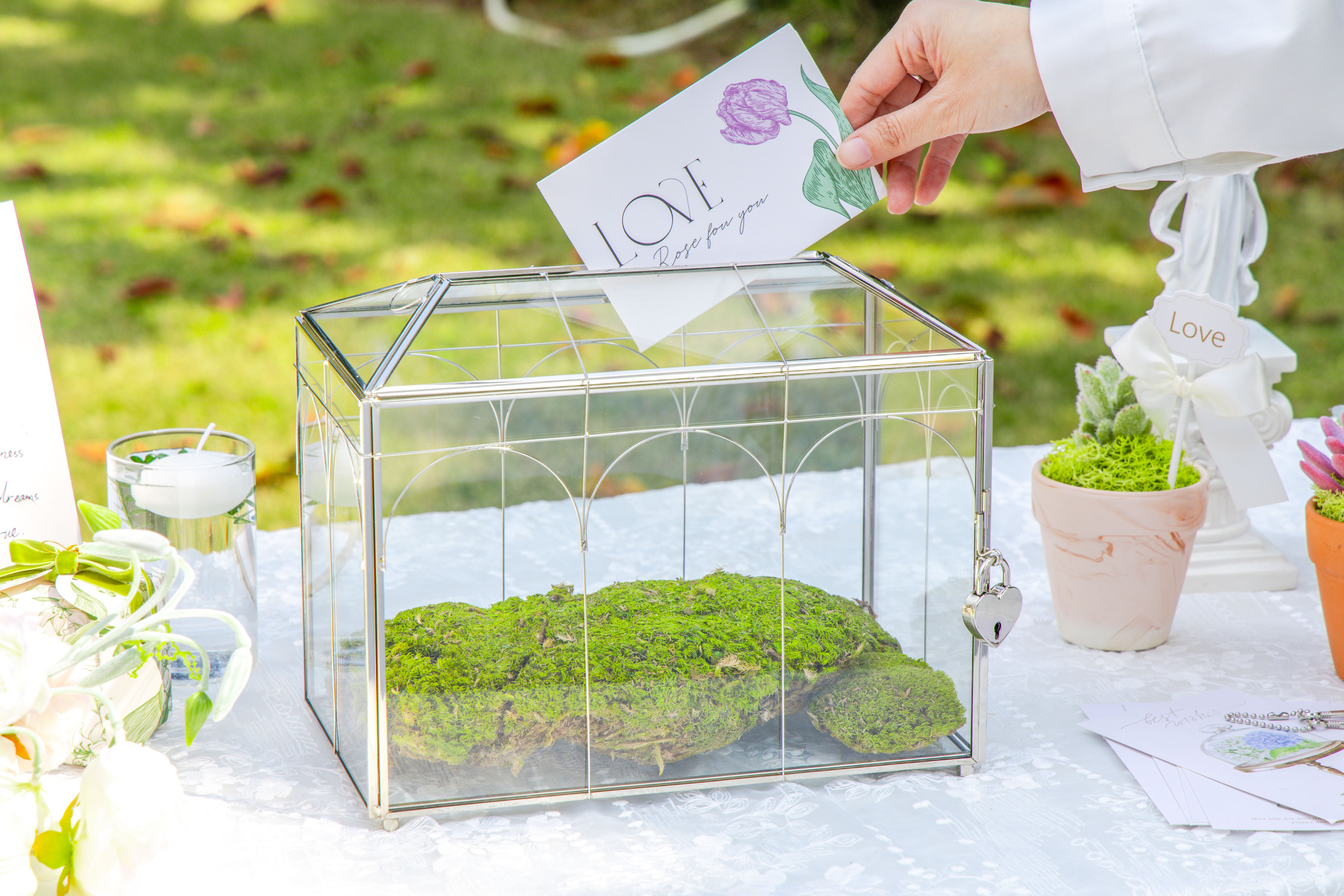 Vintage Silver Small Geometric Glass Card Box Terrarium with Heart Lock, Foot, Handmade Brass for Wedding Reception Wishwell Keepsake - NCYPgarden