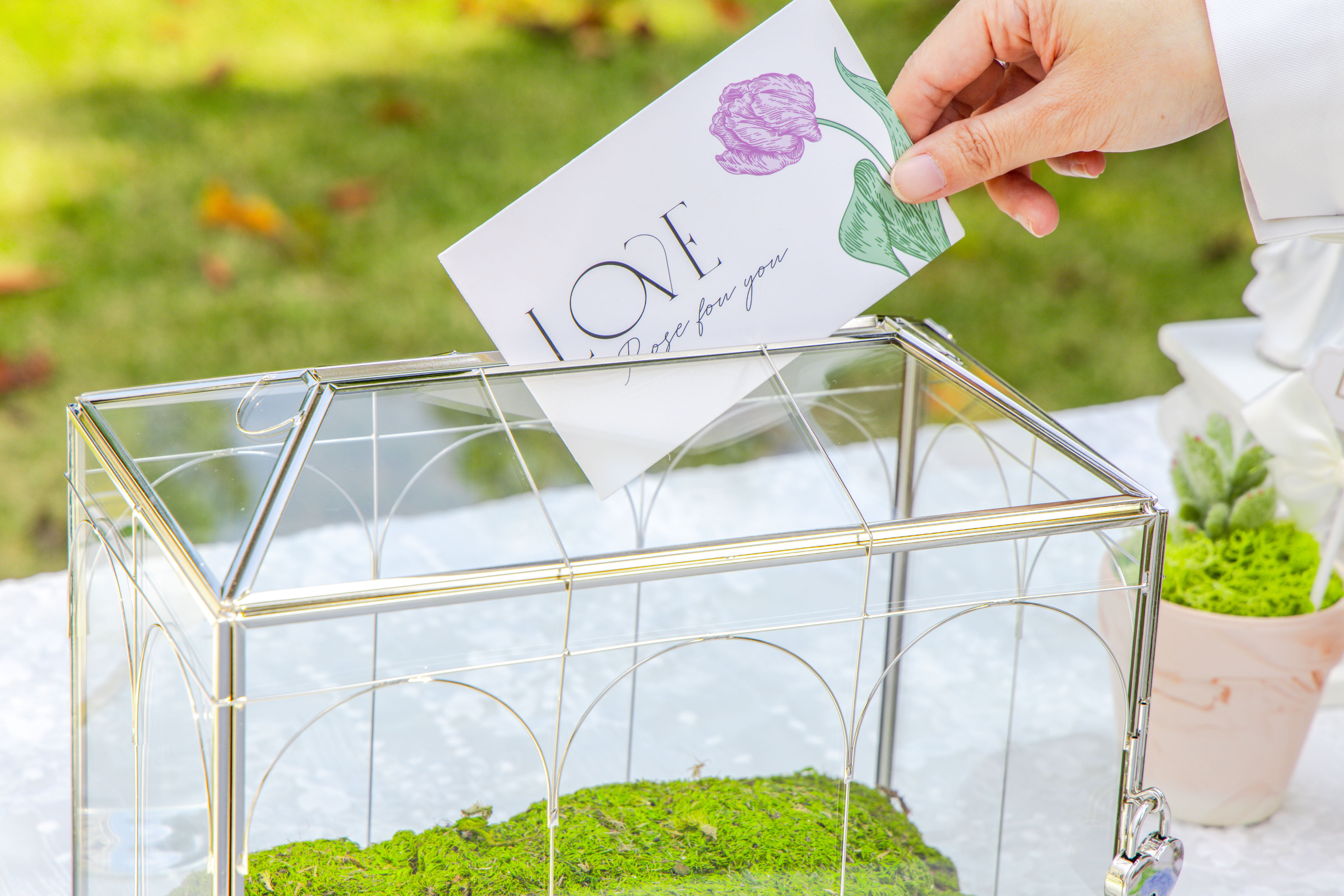 Vintage Silver Small Geometric Glass Card Box Terrarium with Heart Lock, Foot, Handmade Brass for Wedding Reception Wishwell Keepsake - NCYPgarden