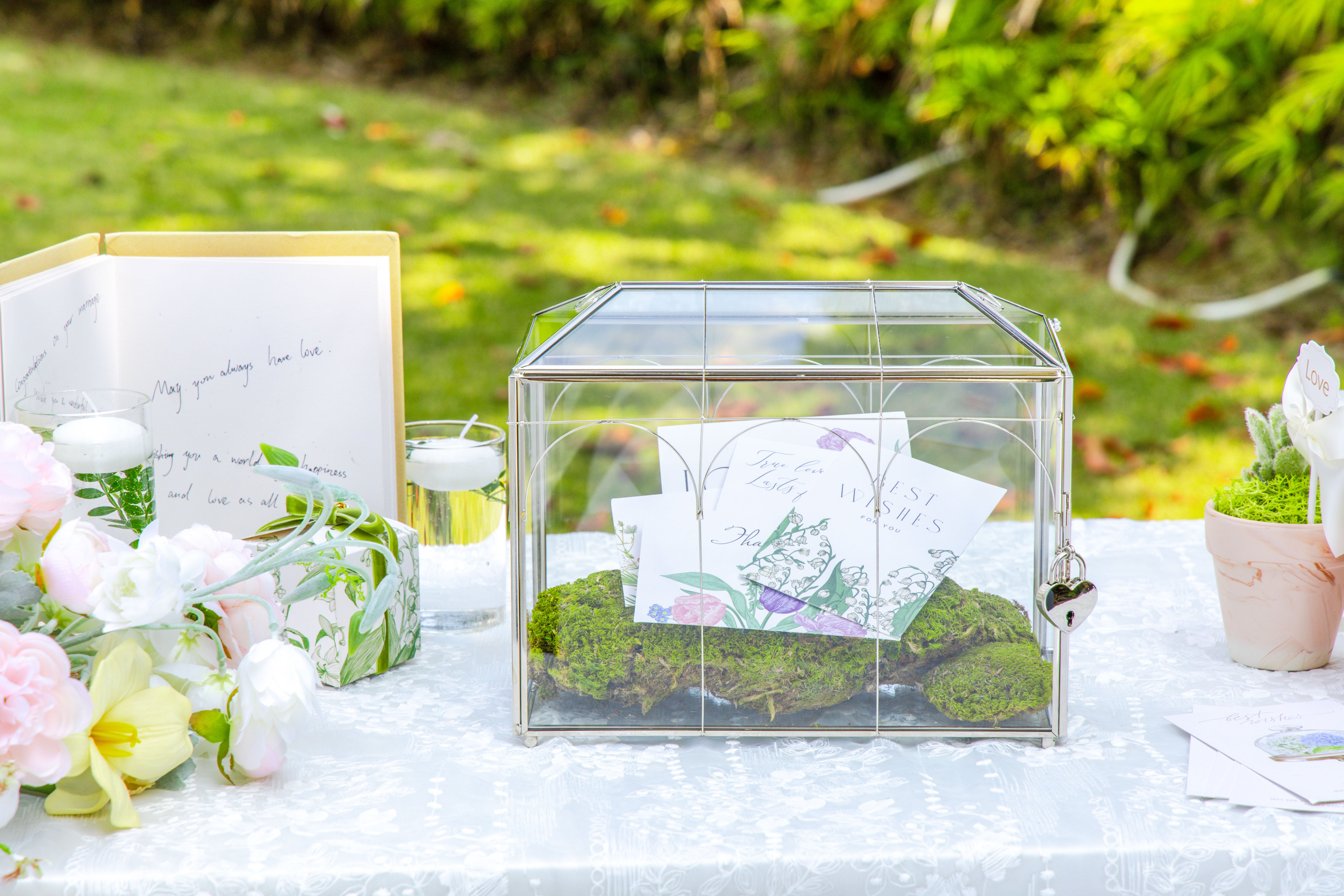 Vintage Silver Small Geometric Glass Card Box Terrarium with Heart Lock, Foot, Handmade Brass for Wedding Reception Wishwell Keepsake - NCYPgarden