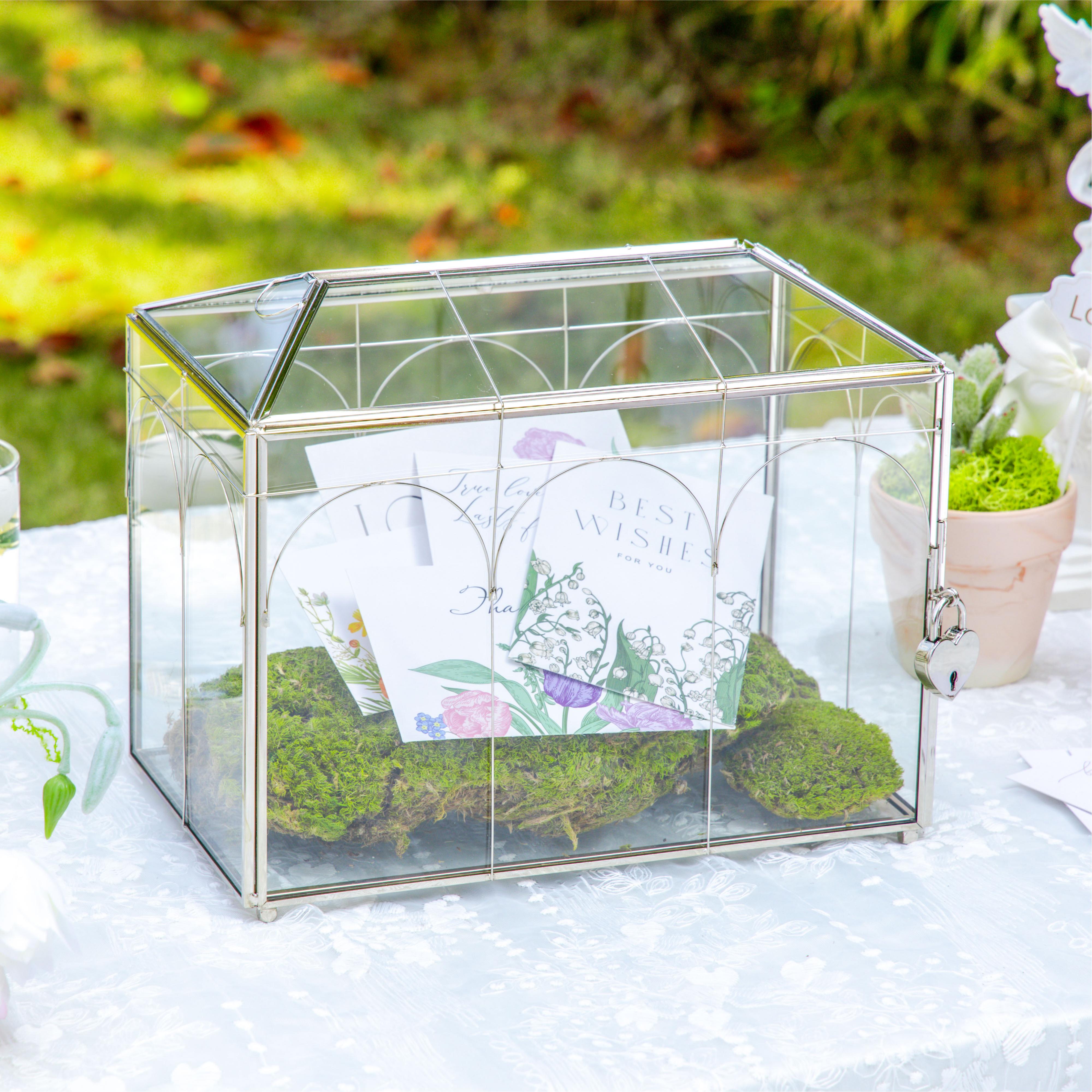 Vintage Silver Small Geometric Glass Card Box Terrarium with Heart Lock, Foot, Handmade Brass for Wedding Reception Wishwell Keepsake - NCYPgarden