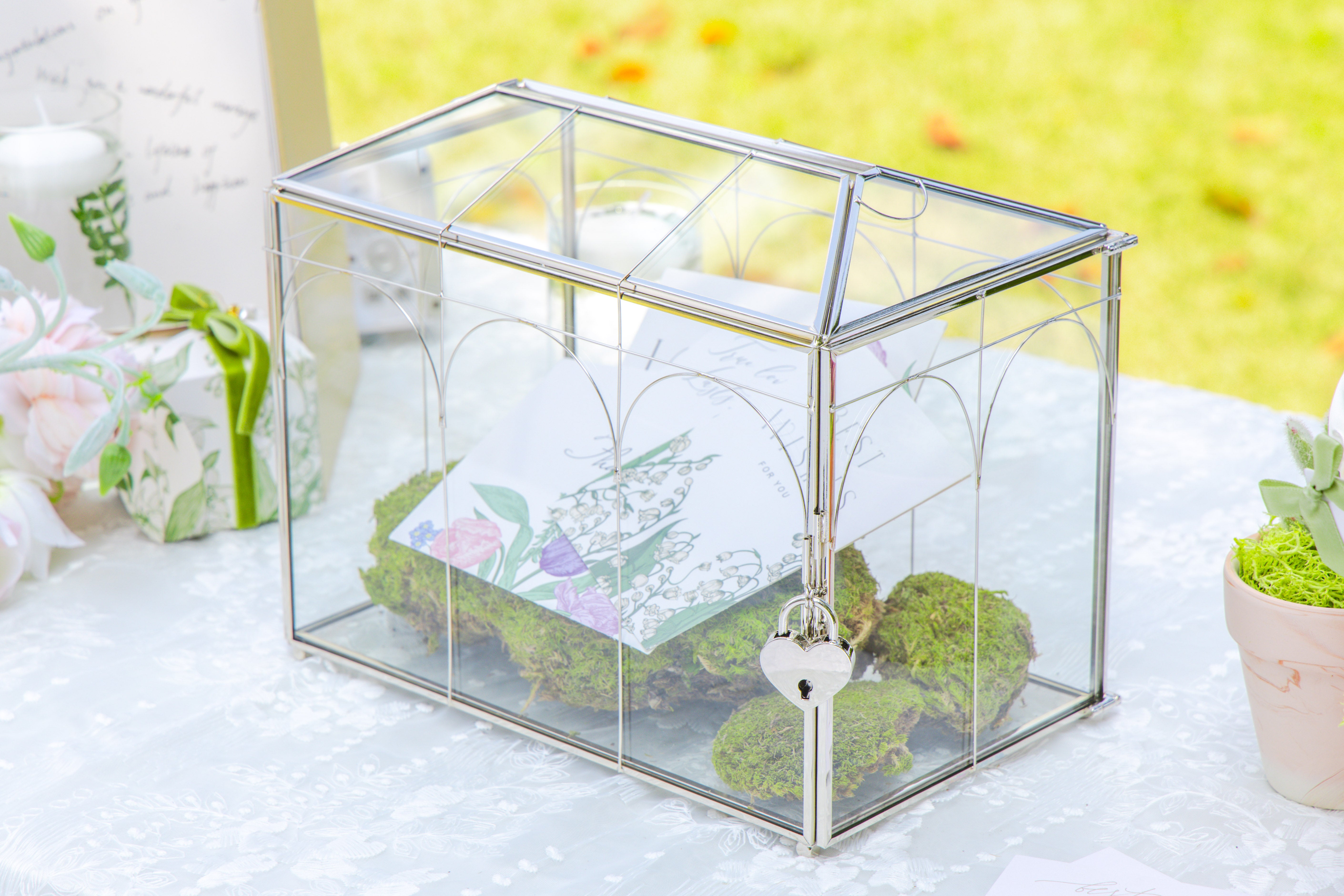 Vintage Silver Small Geometric Glass Card Box Terrarium with Heart Lock, Foot, Handmade Brass for Wedding Reception Wishwell Keepsake - NCYPgarden