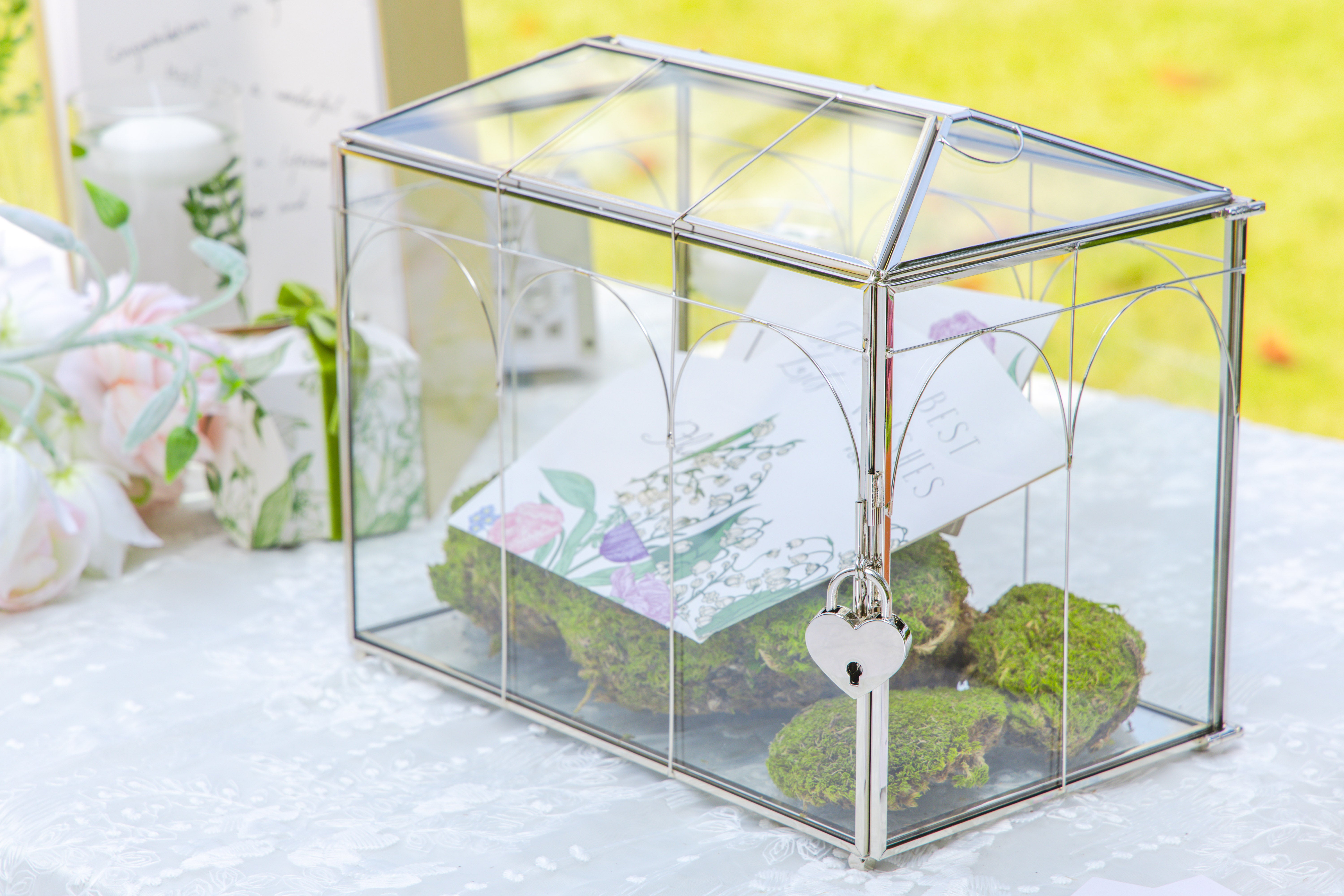 Vintage Silver Small Geometric Glass Card Box Terrarium with Heart Lock, Foot, Handmade Brass for Wedding Reception Wishwell Keepsake - NCYPgarden