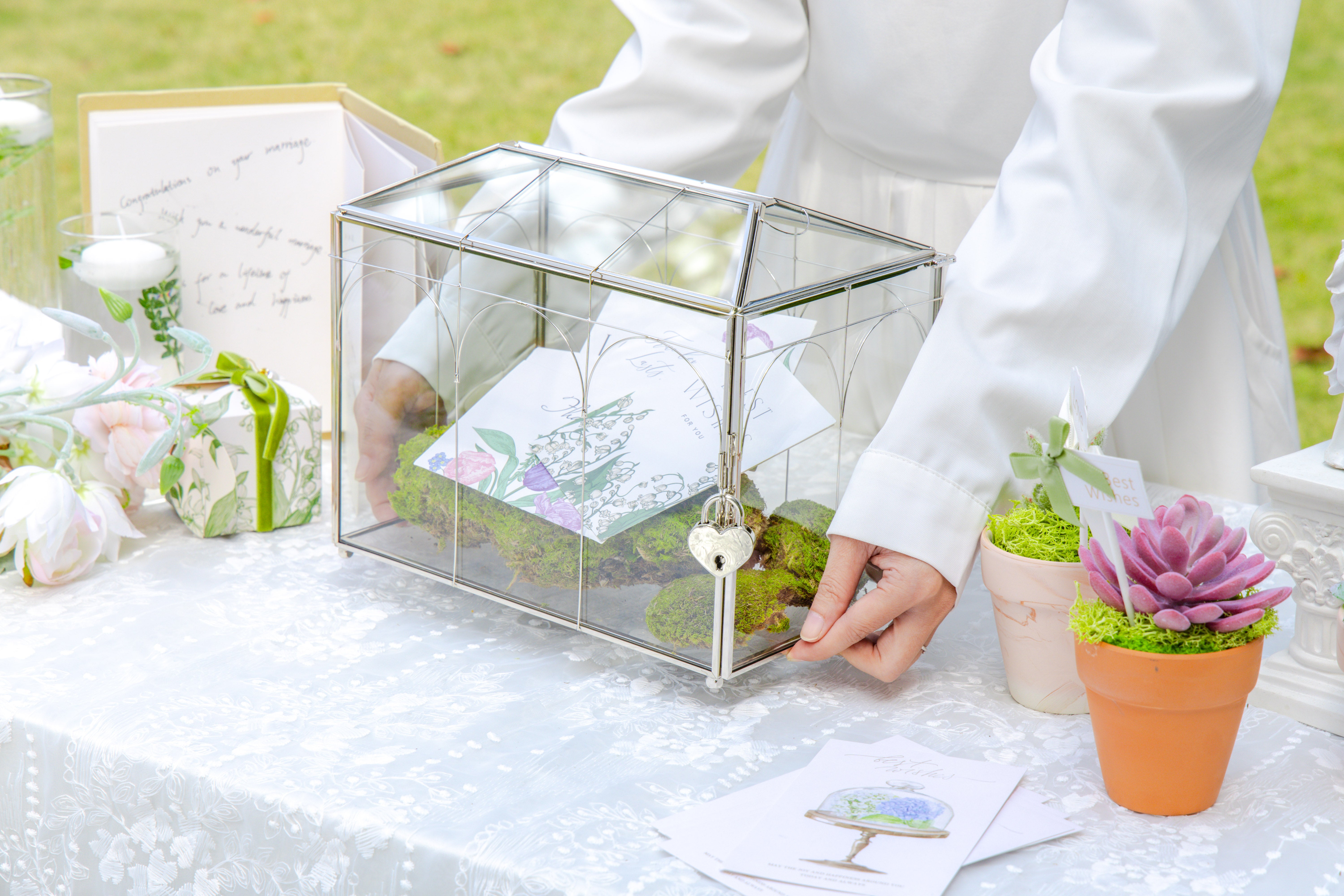 Vintage Silver Small Geometric Glass Card Box Terrarium with Heart Lock, Foot, Handmade Brass for Wedding Reception Wishwell Keepsake - NCYPgarden