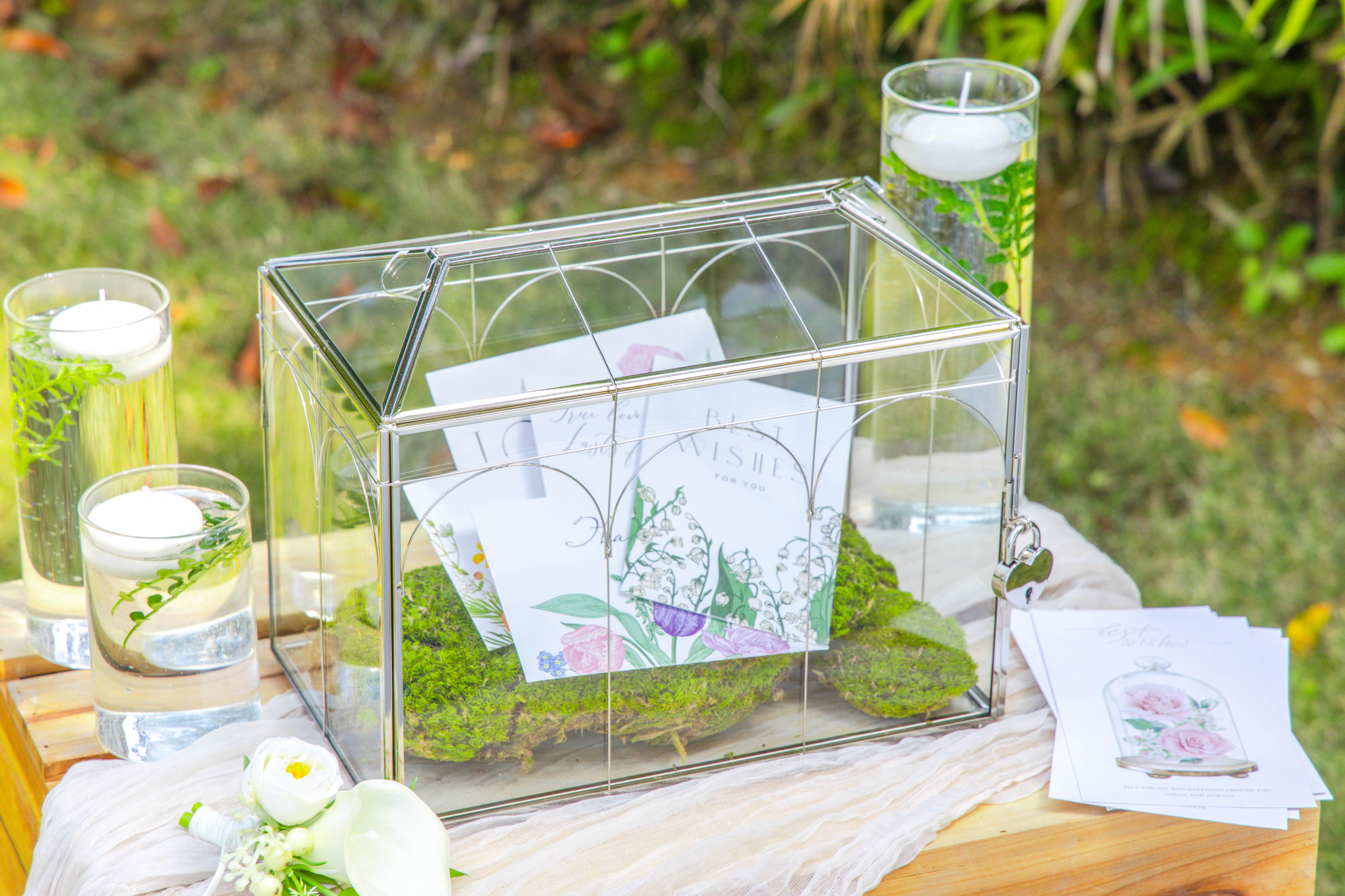 Vintage Silver Small Geometric Glass Card Box Terrarium with Heart Lock, Foot, Handmade Brass for Wedding Reception Wishwell Keepsake - NCYPgarden