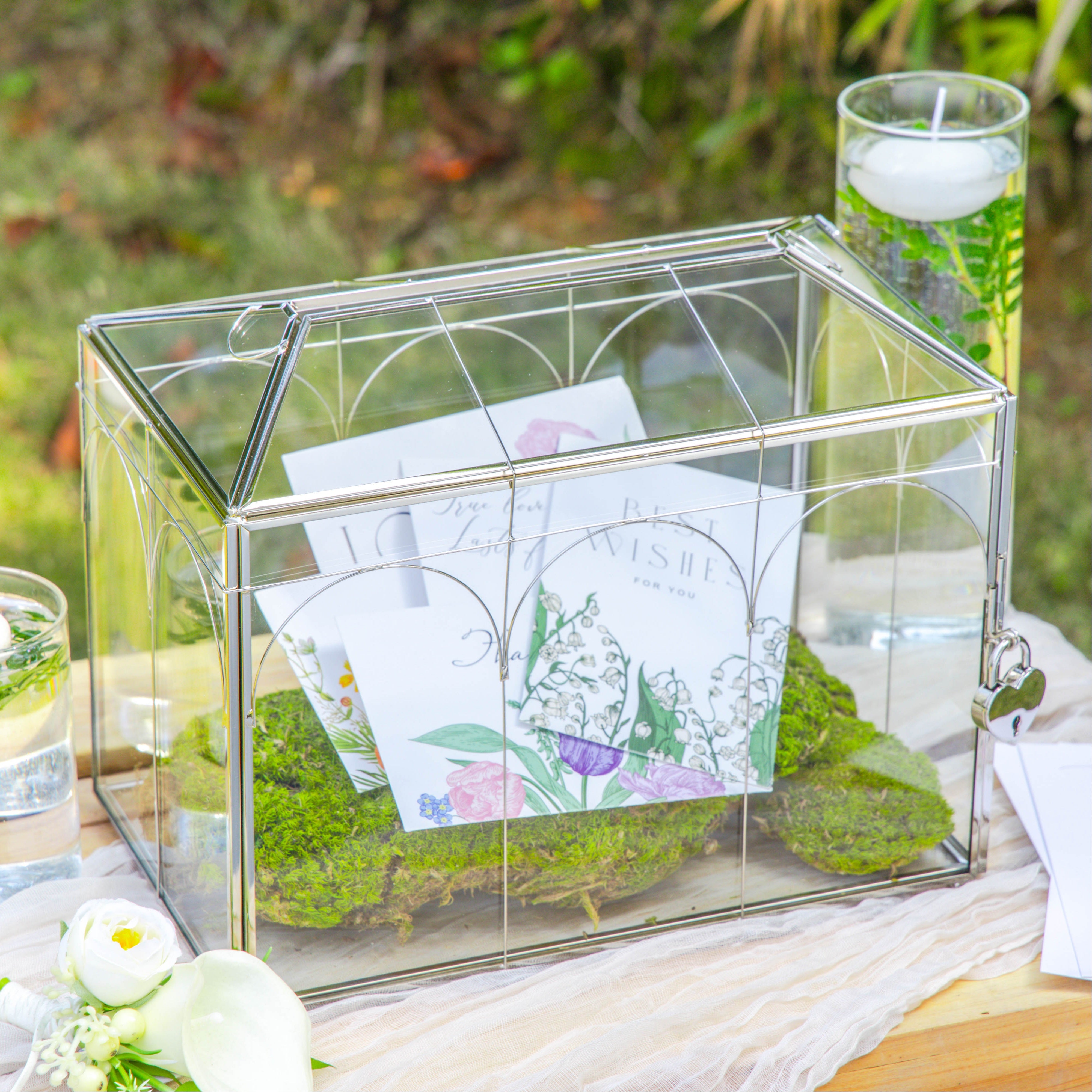 Vintage Silver Small Geometric Glass Card Box Terrarium with Heart Lock, Foot, Handmade Brass for Wedding Reception Wishwell Keepsake - NCYPgarden