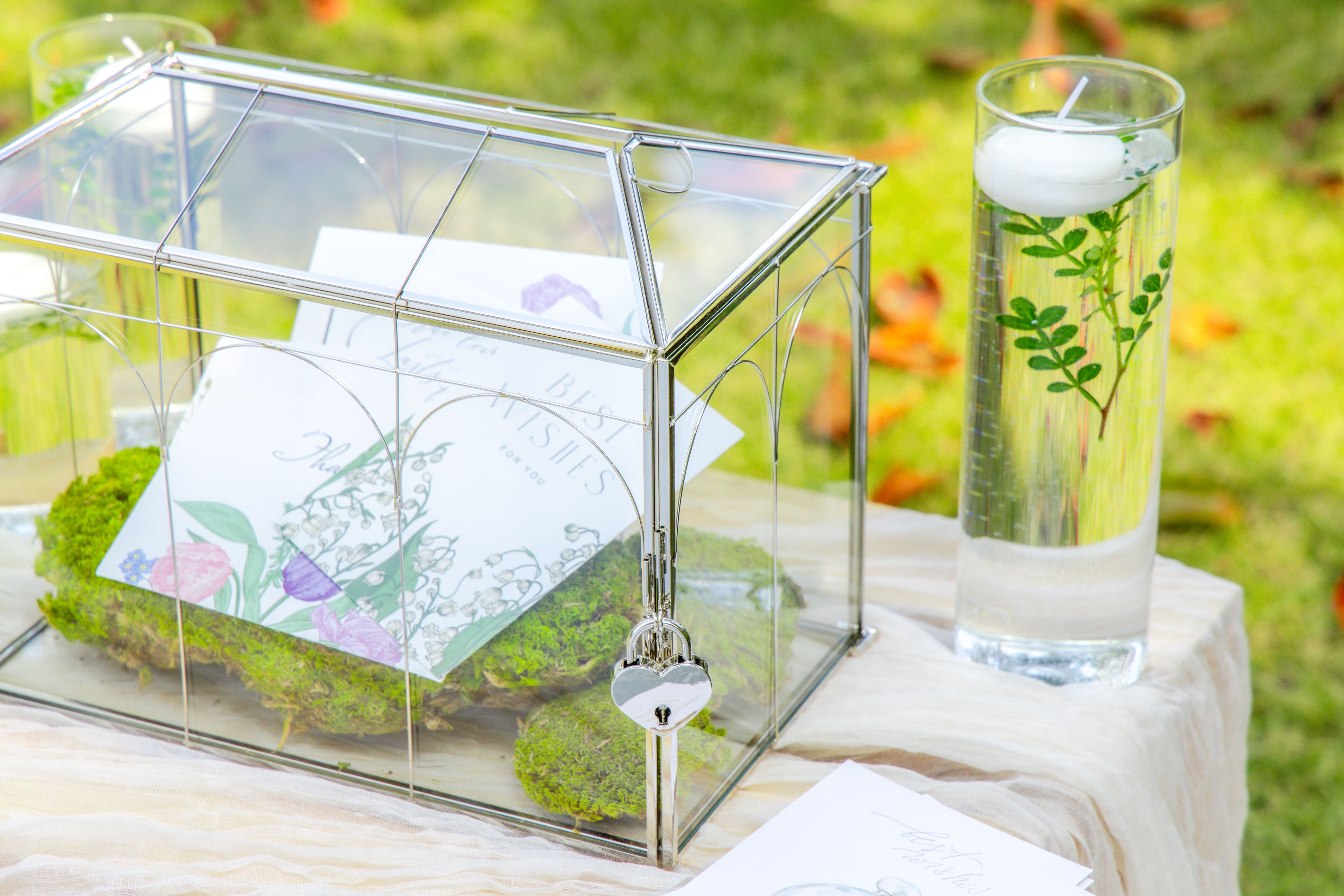 Vintage Silver Small Geometric Glass Card Box Terrarium with Heart Lock, Foot, Handmade Brass for Wedding Reception Wishwell Keepsake - NCYPgarden